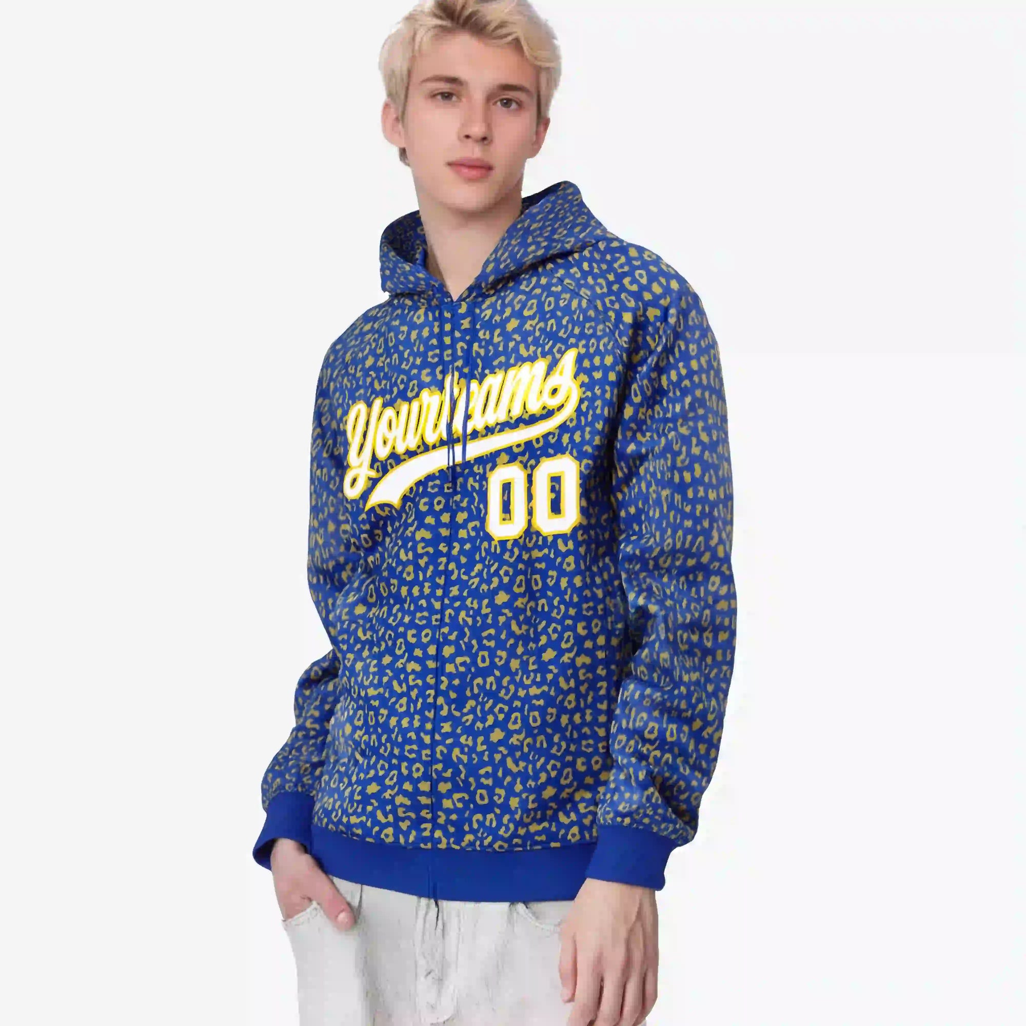 Custom Royal Blue Gold Varsity Full-Zip Letterman Leopard Print Hoodie Jacket