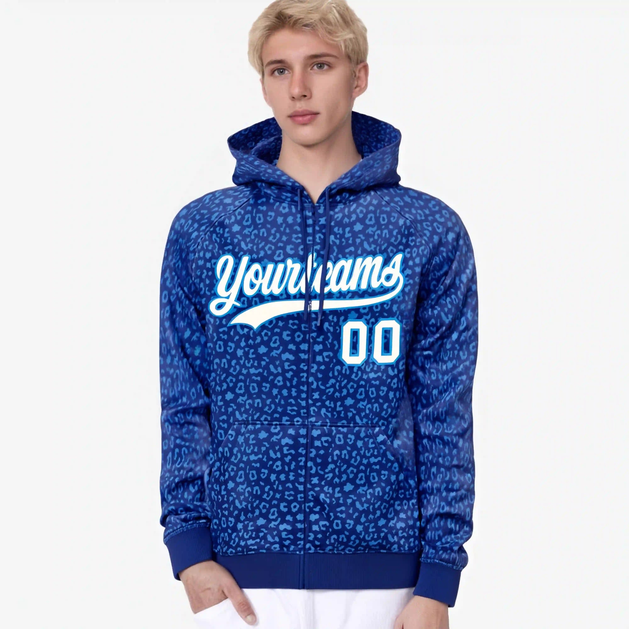 Custom Royal Blue Powder Blue Varsity Full-Zip Letterman Leopard Print Hoodie Jacket