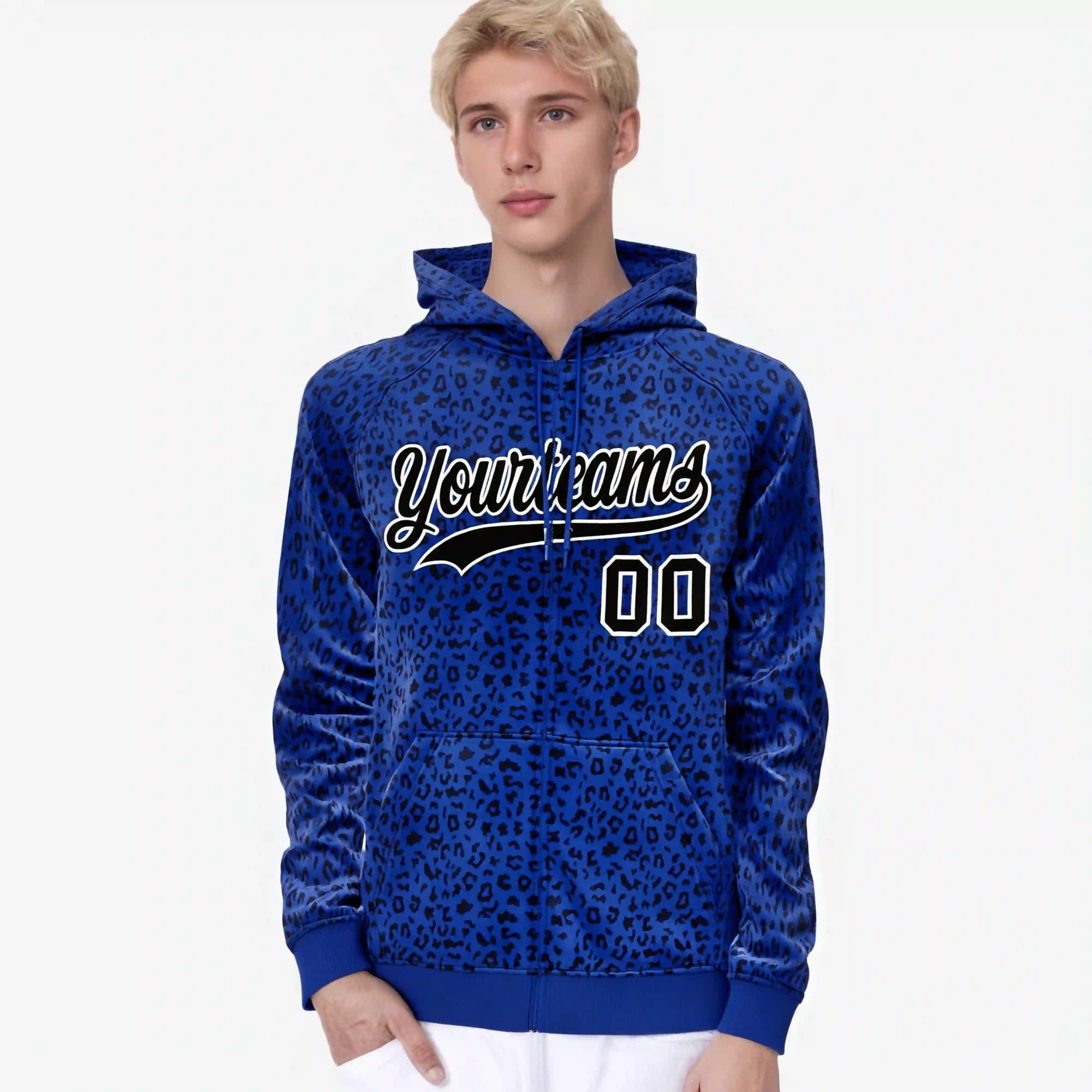 Custom Royal Blue Black Varsity Full-Zip Letterman Leopard Print Hoodie Jacket