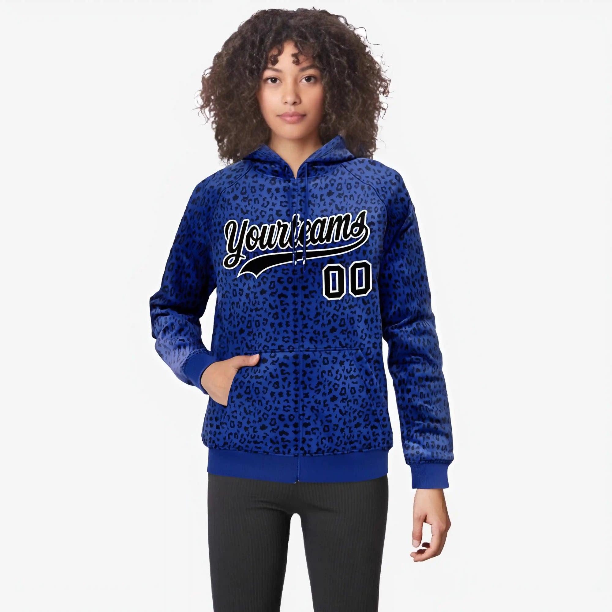 Custom Royal Blue Black Varsity Full-Zip Letterman Leopard Print Hoodie Jacket