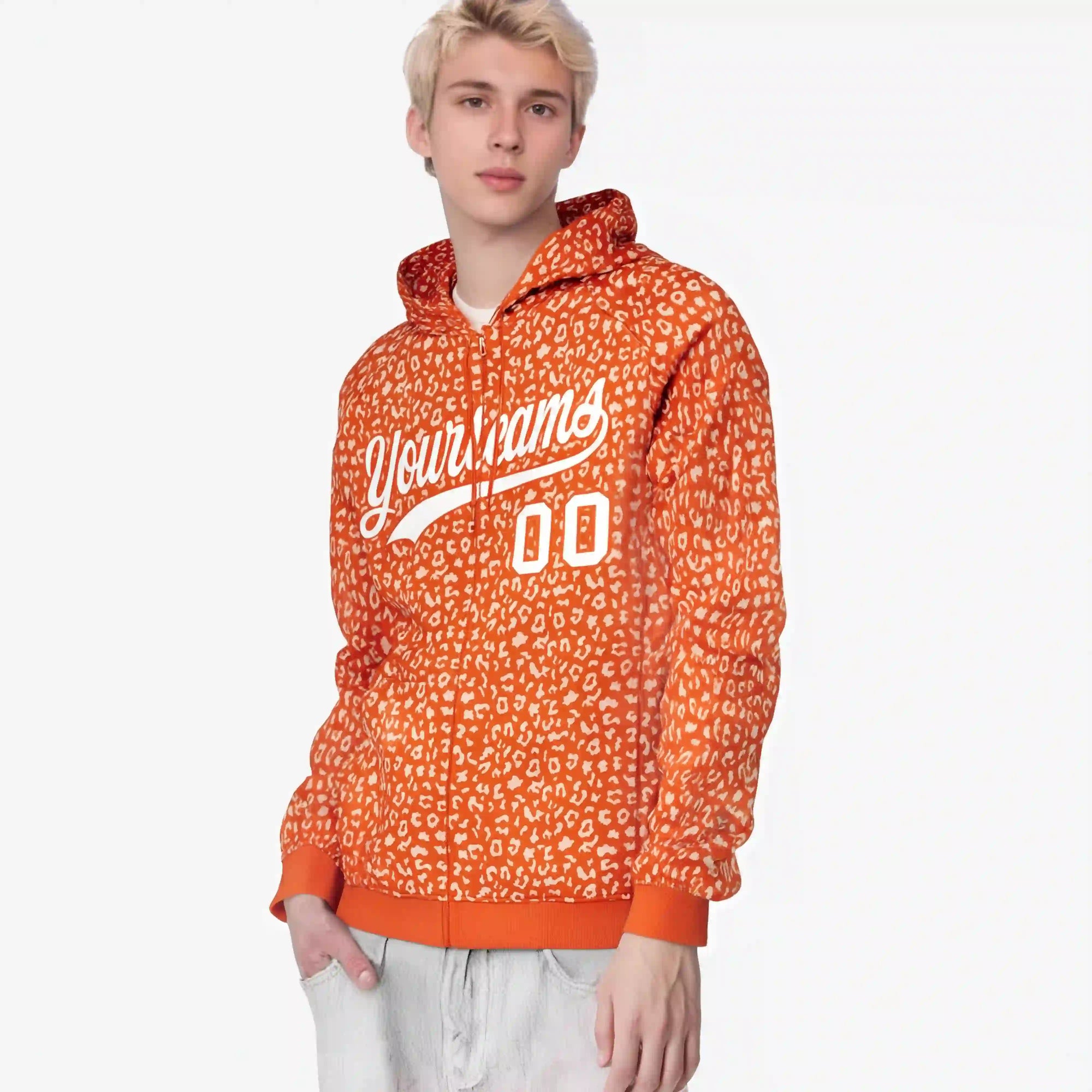 Custom Orange White Varsity Full-Zip Letterman Leopard Print Hoodie Jacket