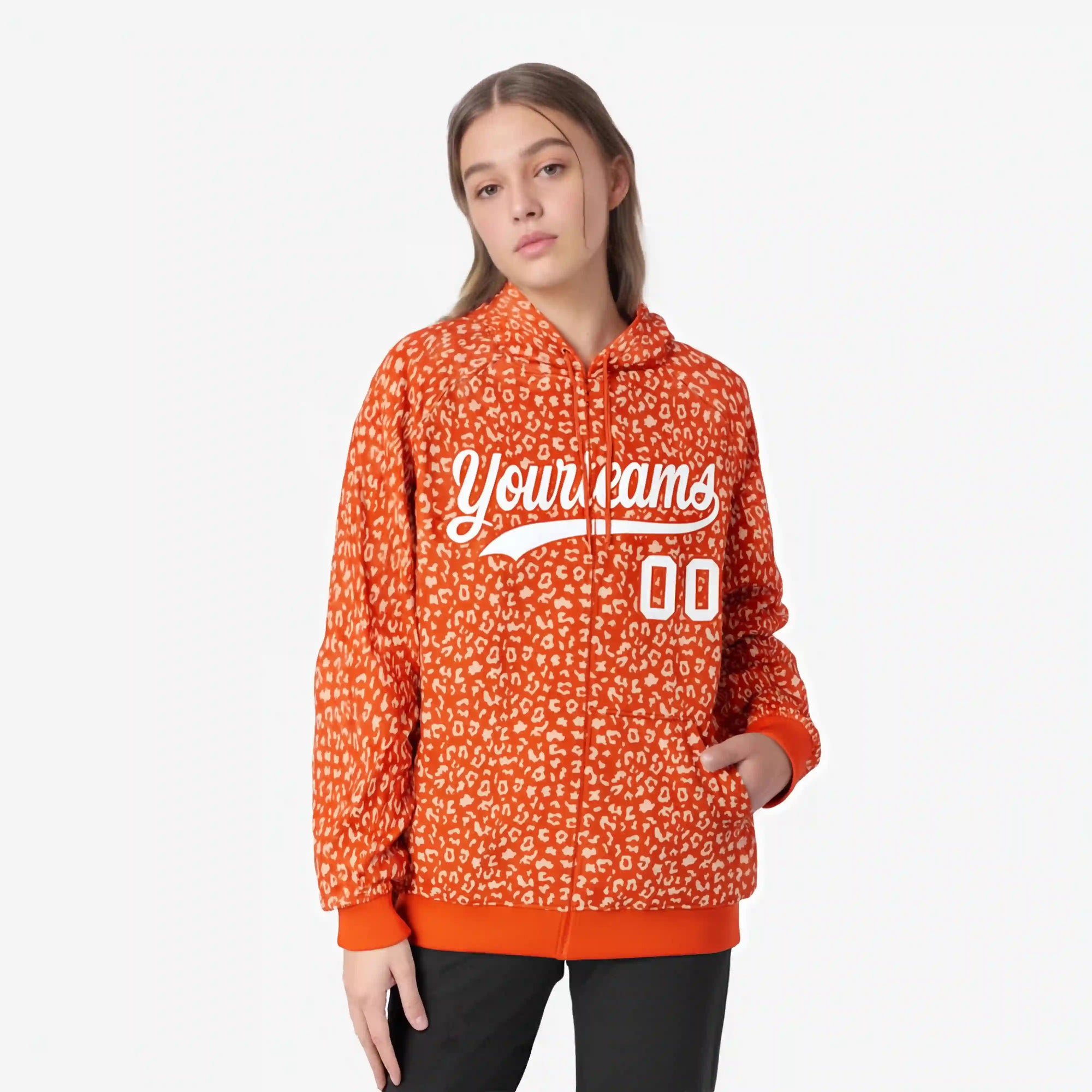 Custom Orange White Varsity Full-Zip Letterman Leopard Print Hoodie Jacket