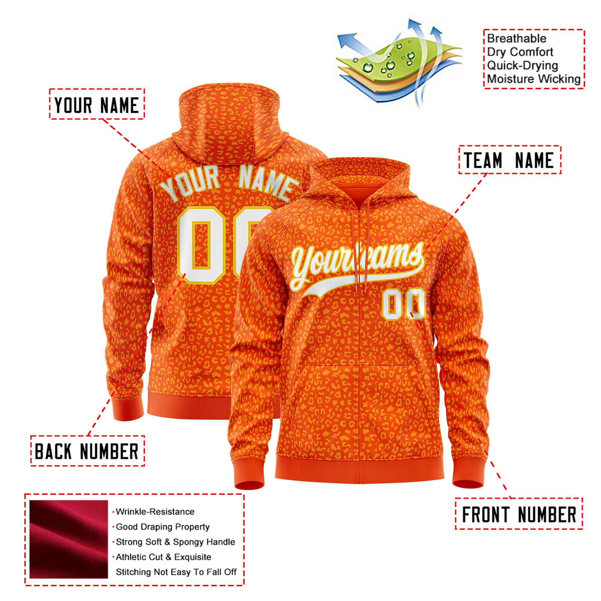 Custom Orange Gold Varsity Full-Zip Letterman Leopard Print Hoodie Jacket