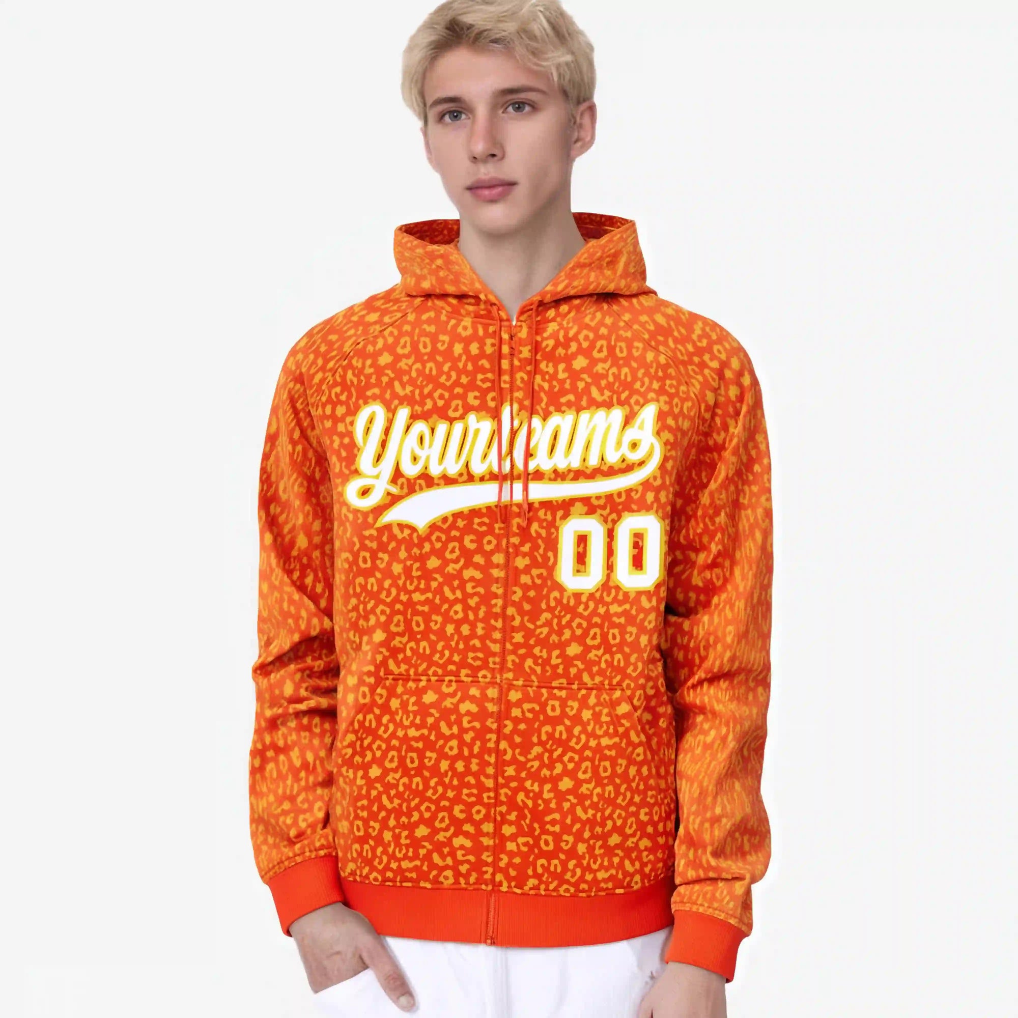 Custom Orange Gold Varsity Full-Zip Letterman Leopard Print Hoodie Jacket