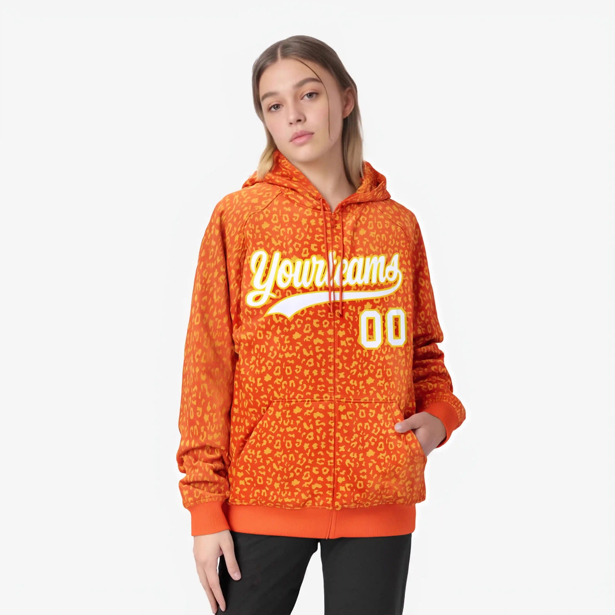 Custom Orange Gold Varsity Full-Zip Letterman Leopard Print Hoodie Jacket