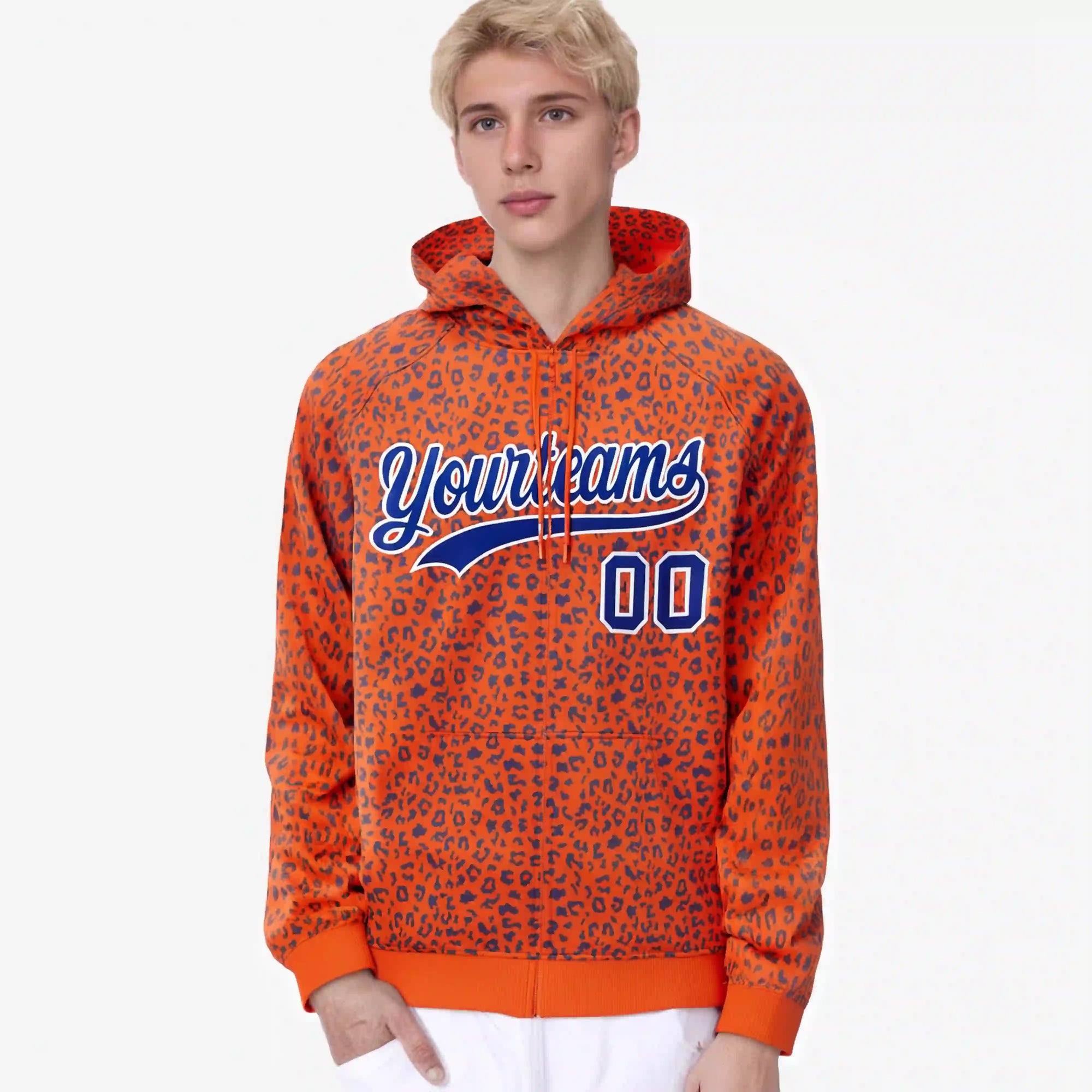 Custom Orange Royal Blue Varsity Full-Zip Letterman Leopard Print Hoodie Jacket