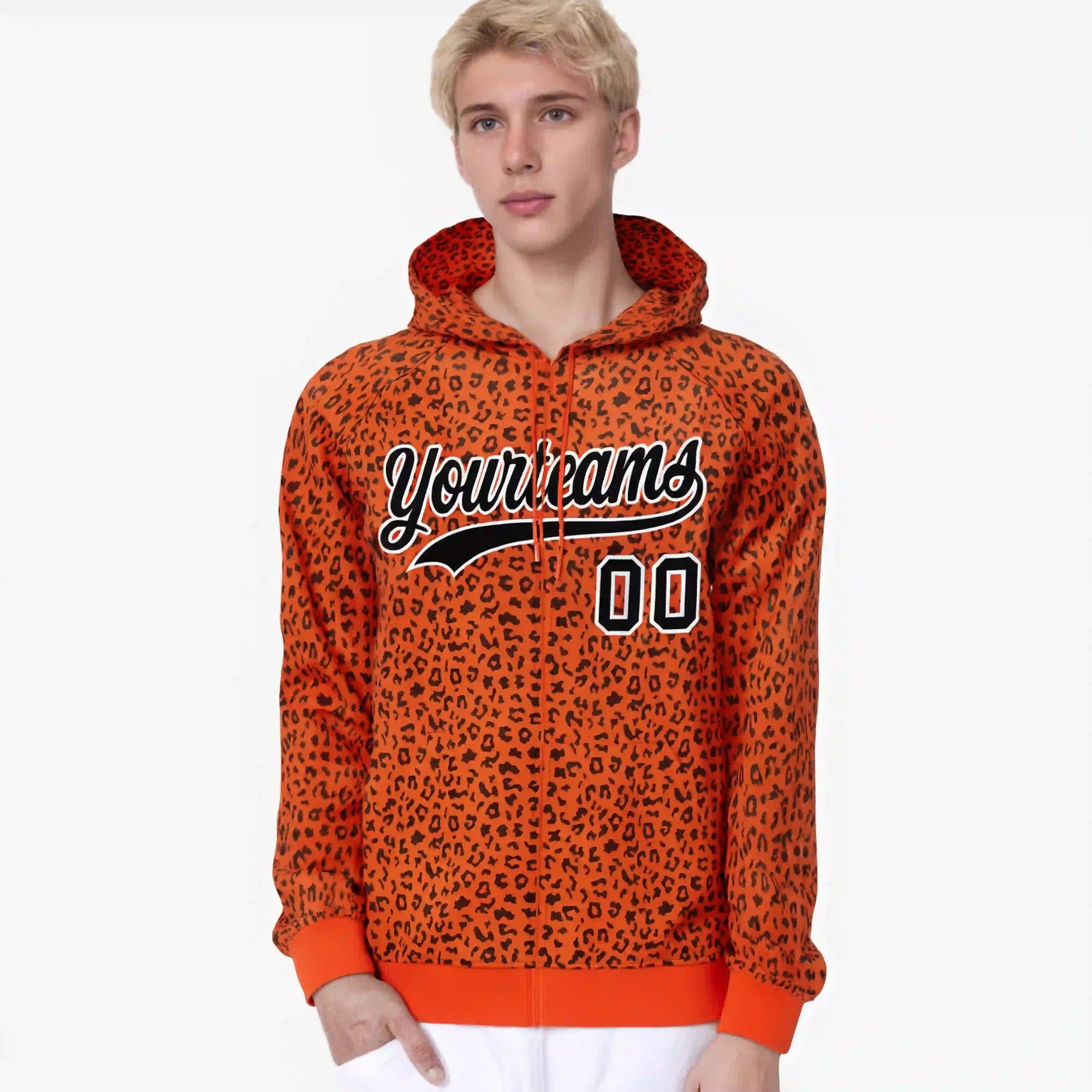 Custom Orange Black Varsity Full-Zip Letterman Leopard Print Hoodie Jacket