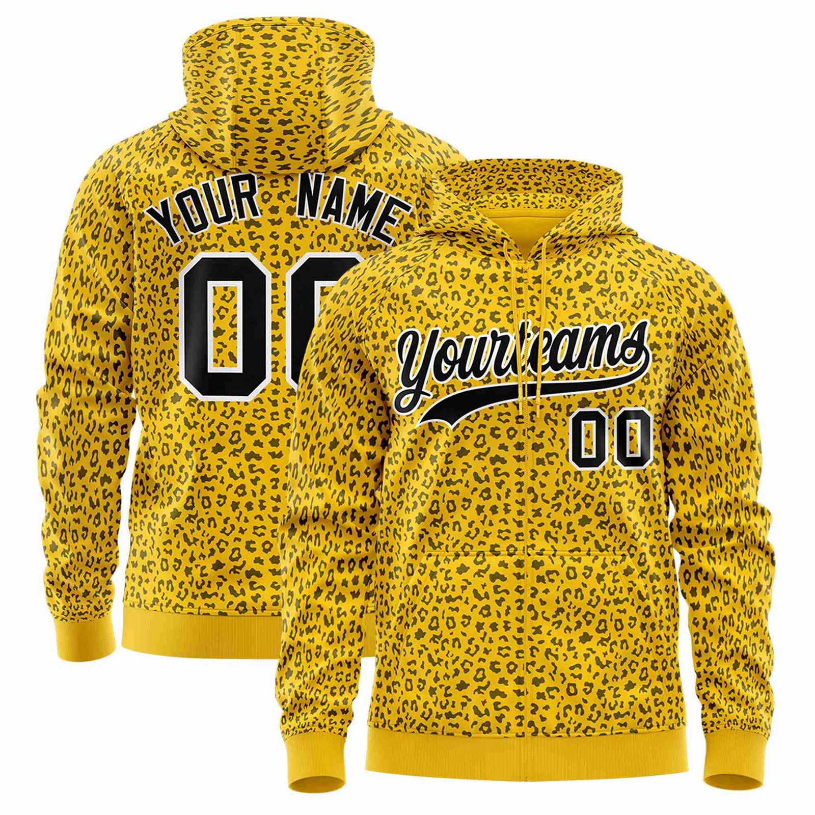 Custom Gold Black Varsity Full-Zip Letterman Leopard Print Hoodie Jacket
