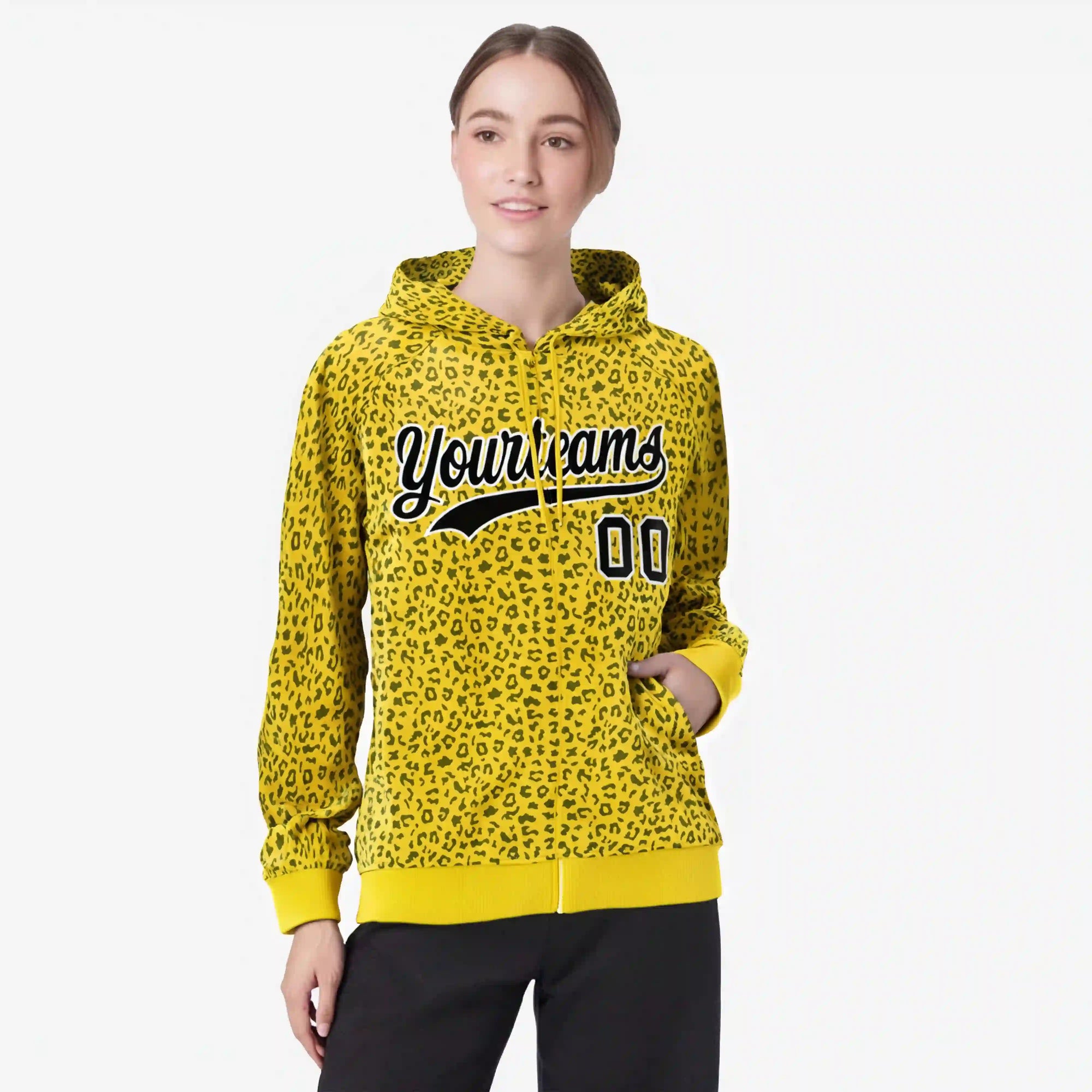 Custom Gold Black Varsity Full-Zip Letterman Leopard Print Hoodie Jacket