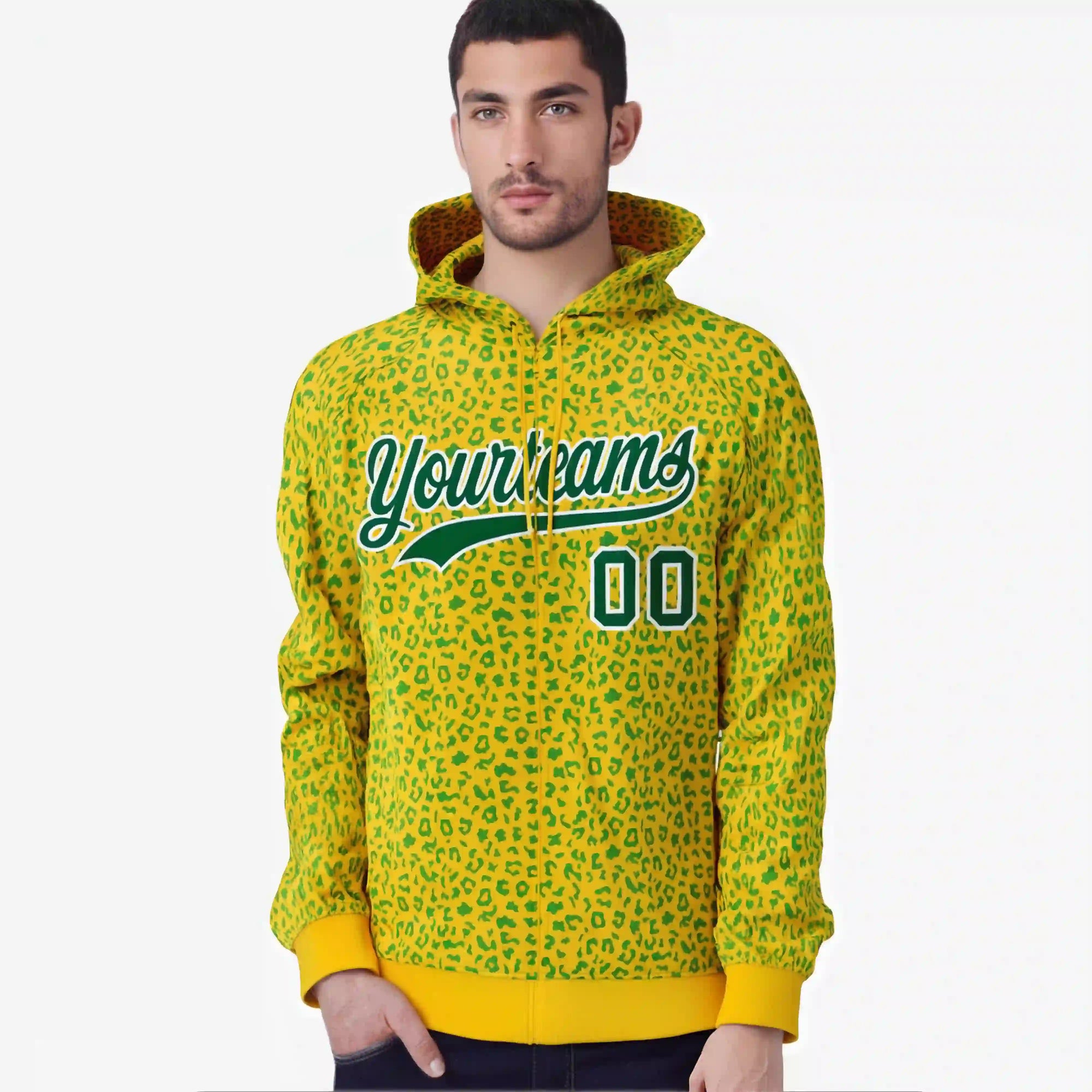 Custom Gold Kelly Green Varsity Full-Zip Letterman Leopard Print Hoodie Jacket