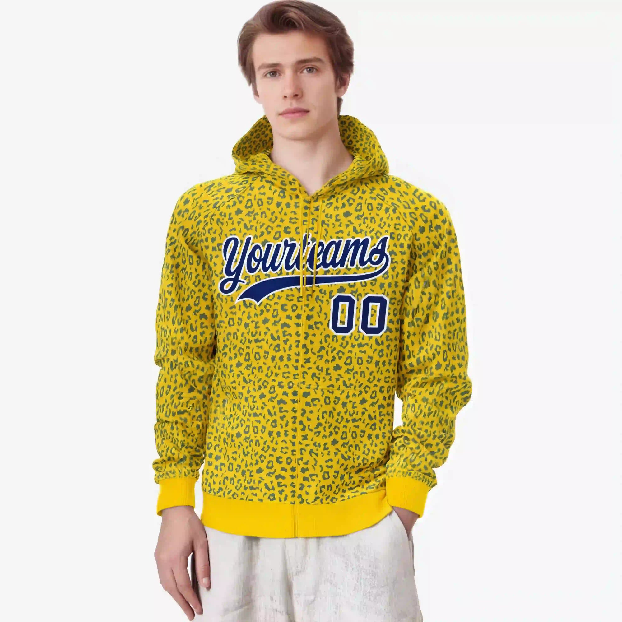 Custom Gold Royal Blue Varsity Full-Zip Letterman Leopard Print Hoodie Jacket