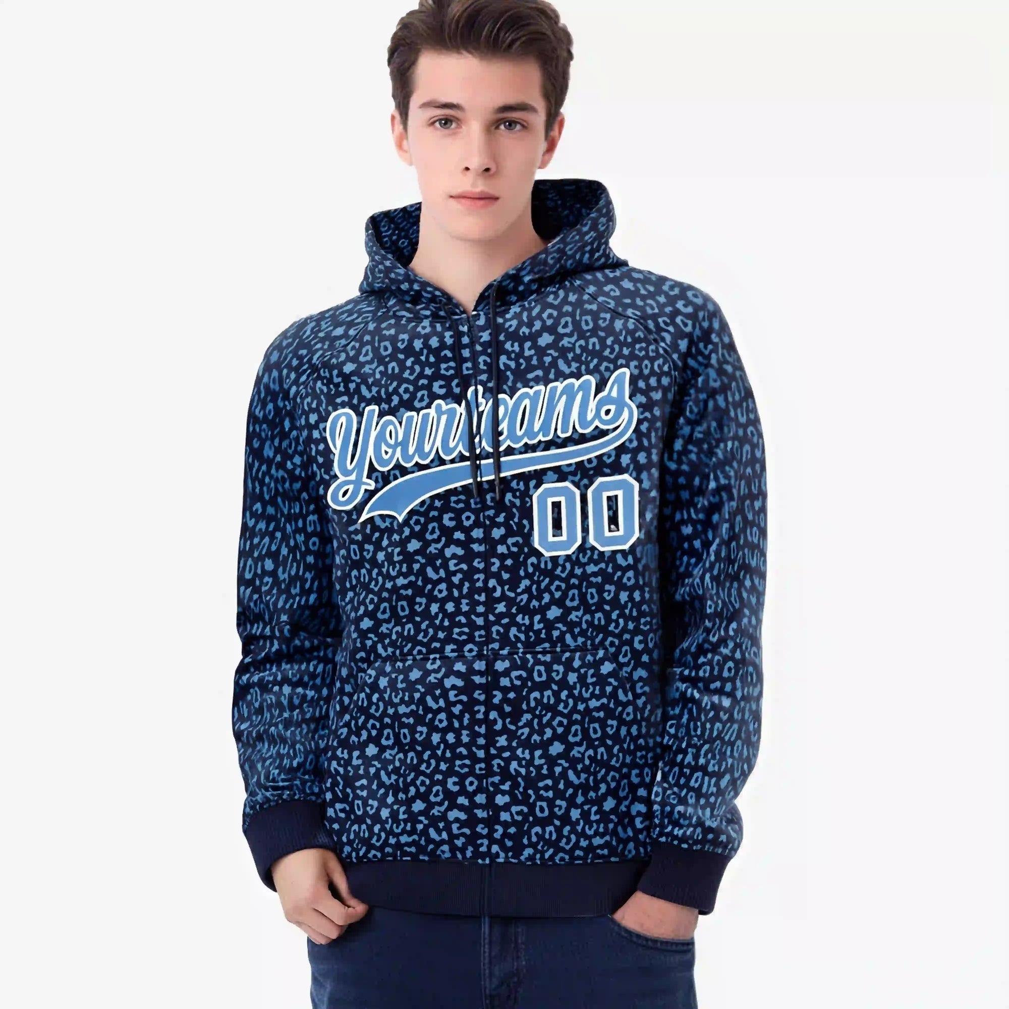 Custom Navy Light Blue Varsity Full-Zip Letterman Leopard Print Hoodie Jacket