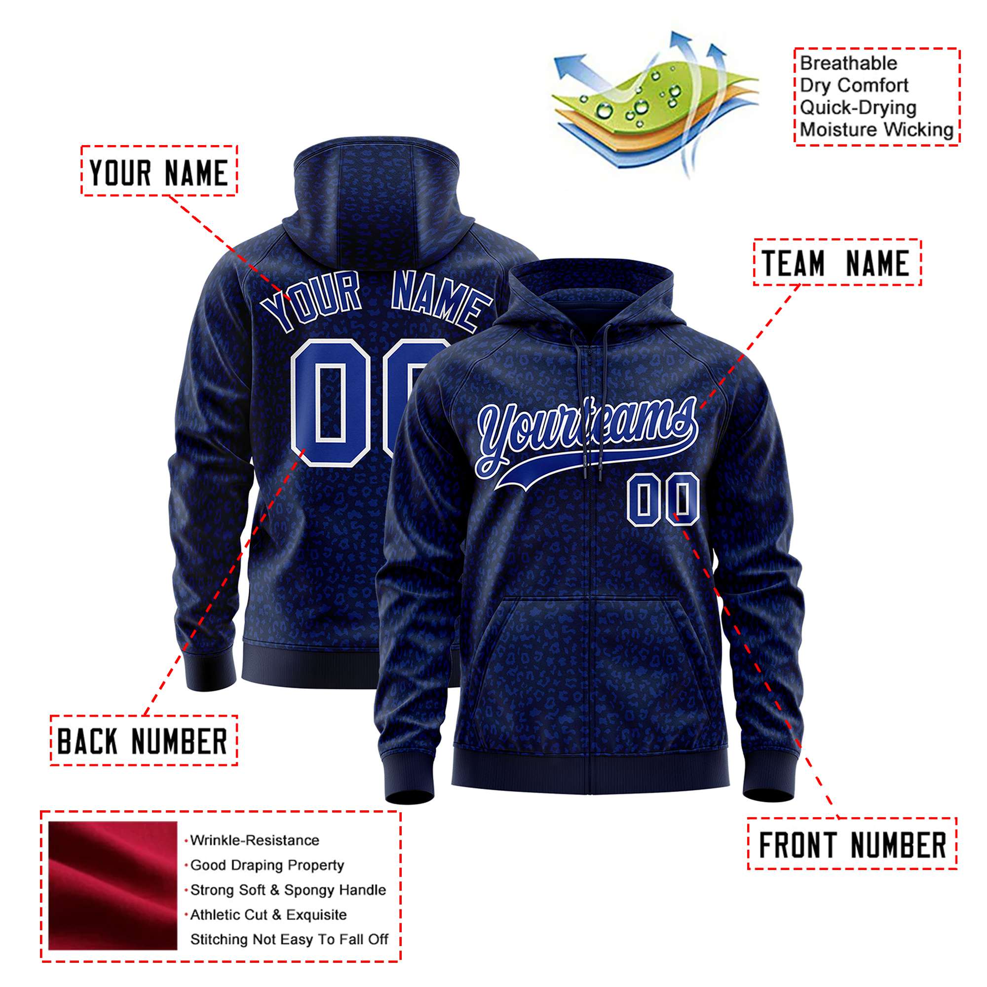 Custom Navy Royal Blue Varsity Full-Zip Letterman Leopard Print Hoodie Jacket