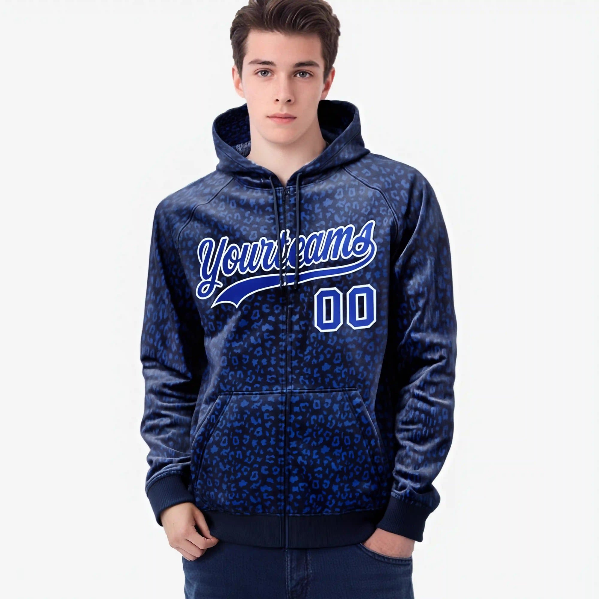 Custom Navy Royal Blue Varsity Full-Zip Letterman Leopard Print Hoodie Jacket