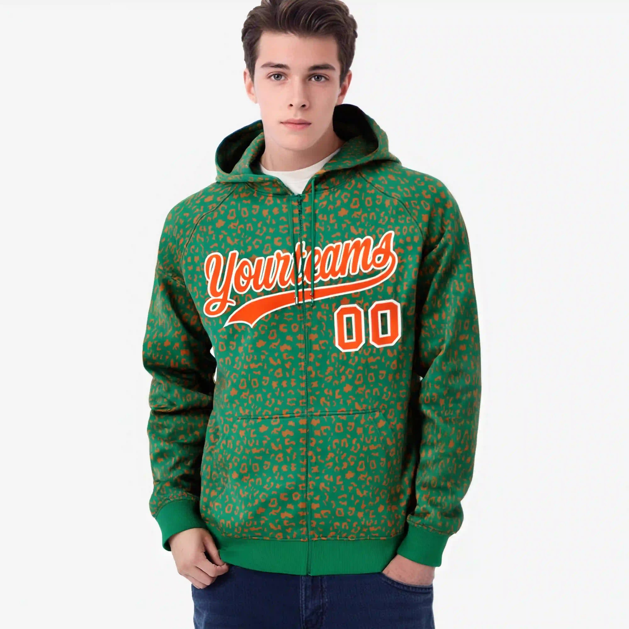 Custom Kelly Green Orange Varsity Full-Zip Letterman Leopard Print Hoodie Jacket