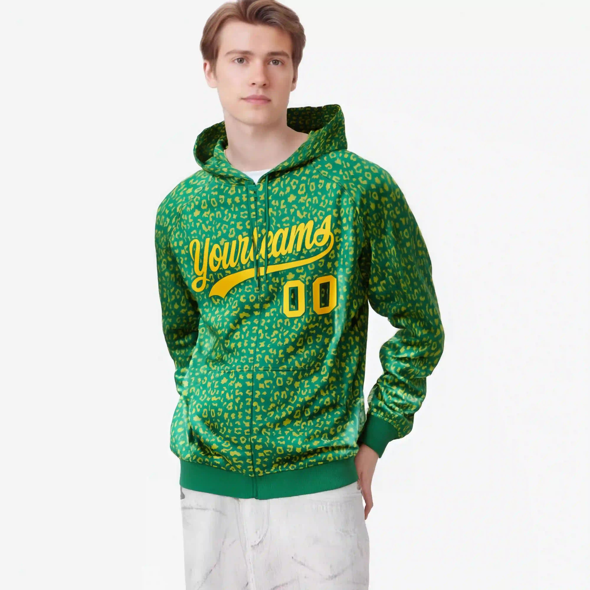 Custom Kelly Green Gold Varsity Full-Zip Letterman Leopard Print Hoodie Jacket