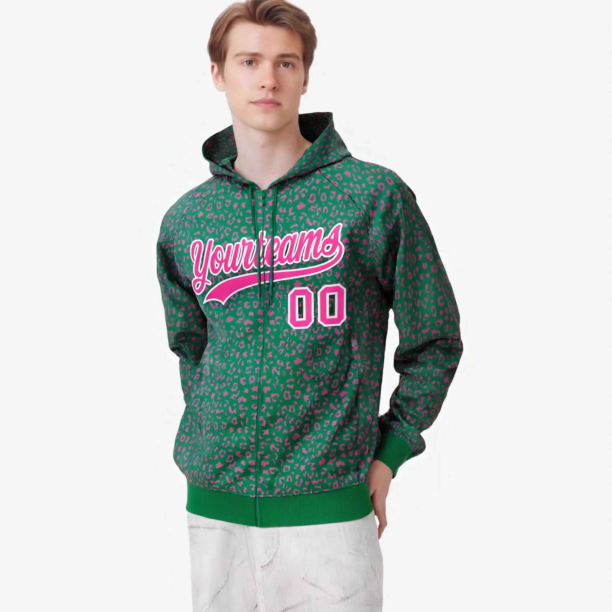 Custom Green Pink Varsity Full-Zip Letterman Leopard Print Hoodie Jacket