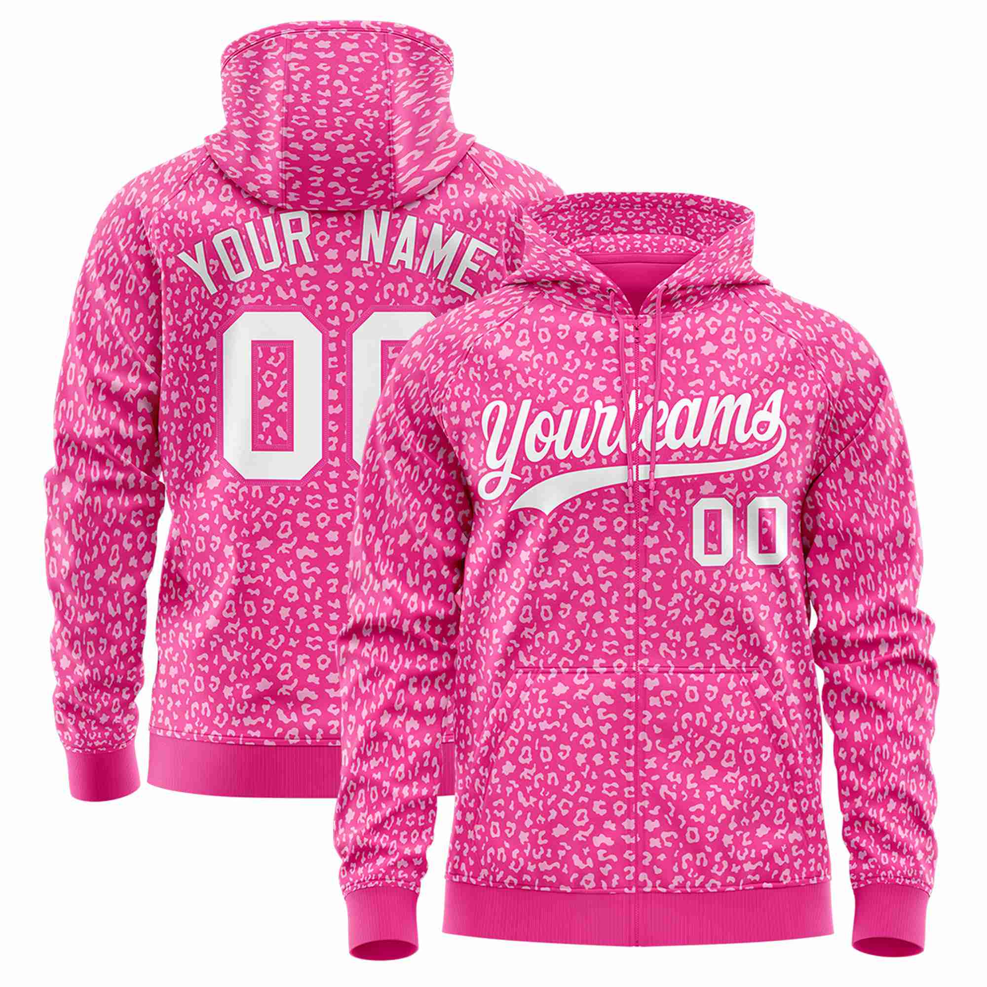 Custom Pink White Varsity Full-Zip Letterman Leopard Print Hoodie Jacket