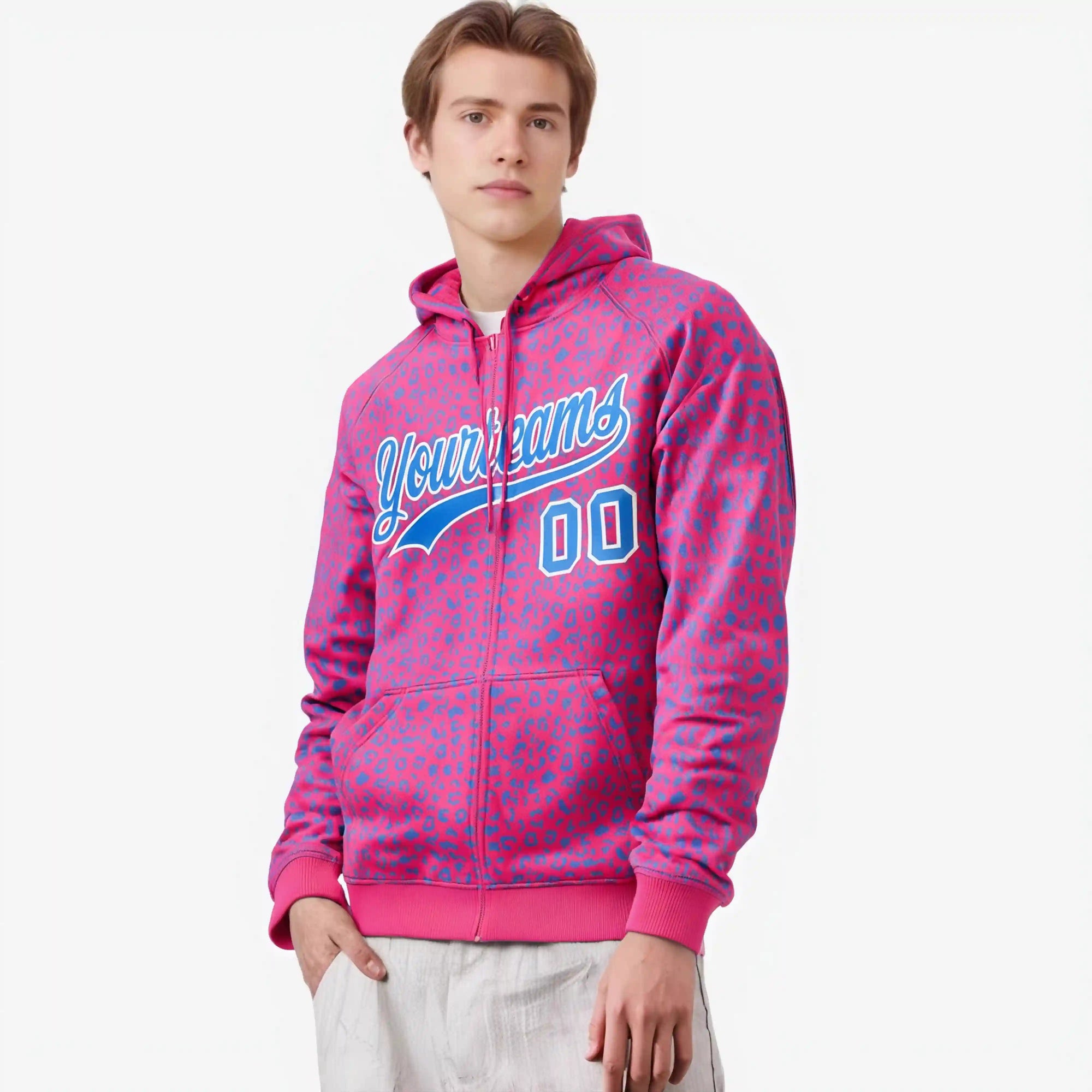 Custom Pink Powder Blue Varsity Full-Zip Letterman Leopard Print Hoodie Jacket