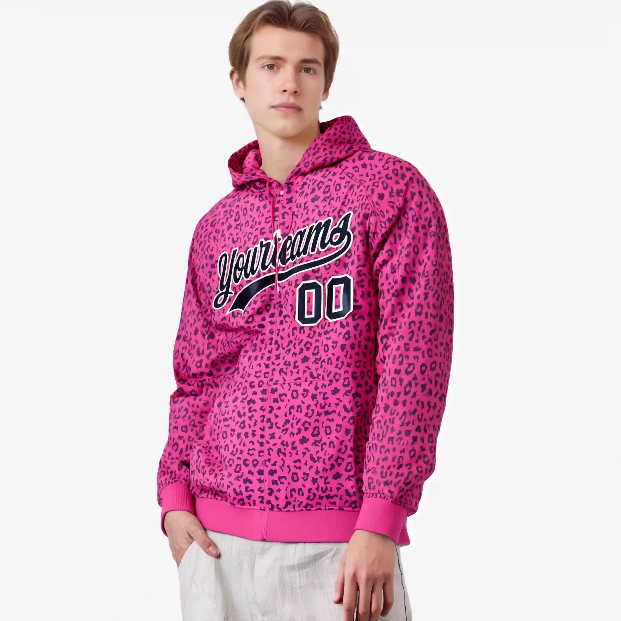 Custom Pink Navy Varsity Full-Zip Letterman Leopard Print Hoodie Jacket