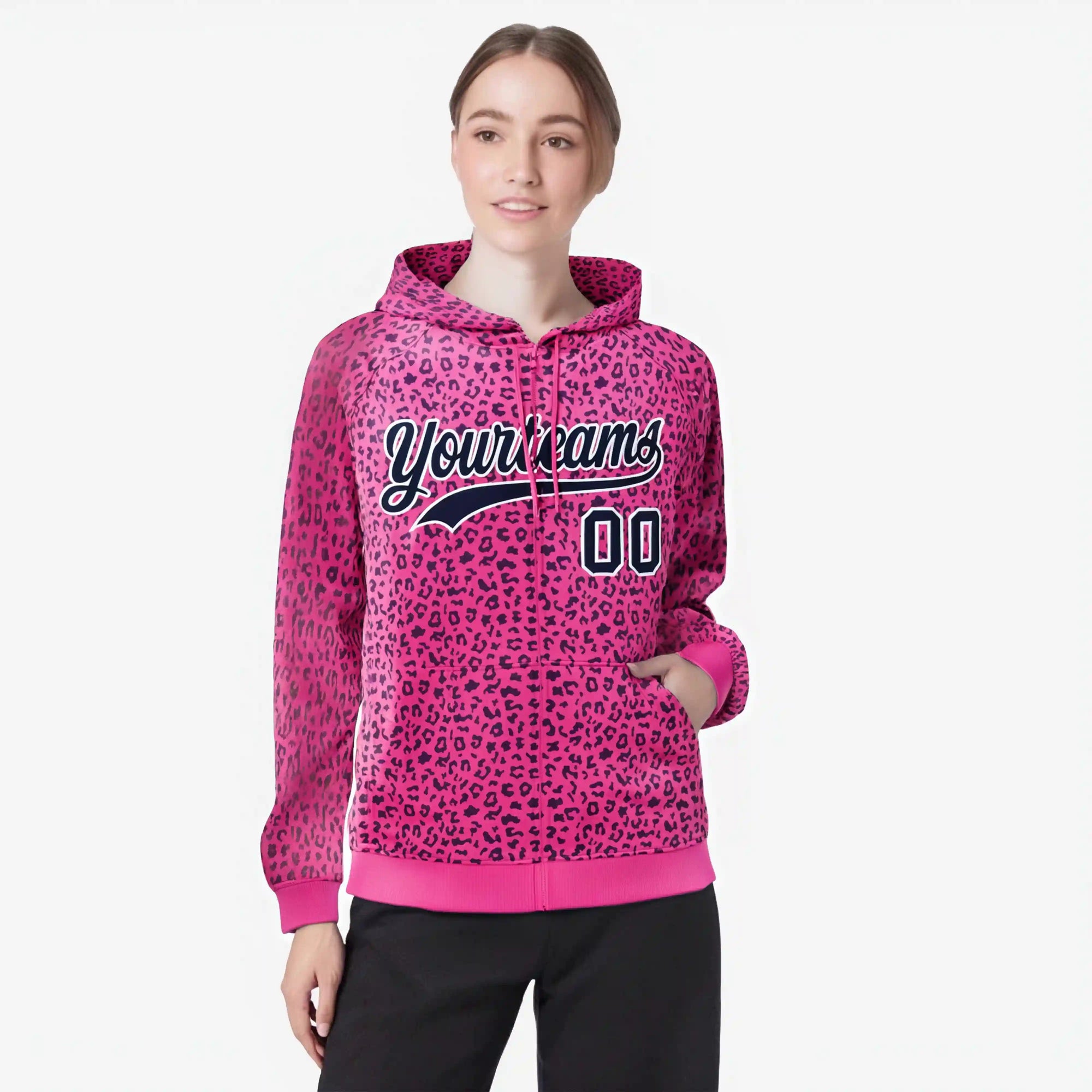 Custom Pink Navy Varsity Full-Zip Letterman Leopard Print Hoodie Jacket