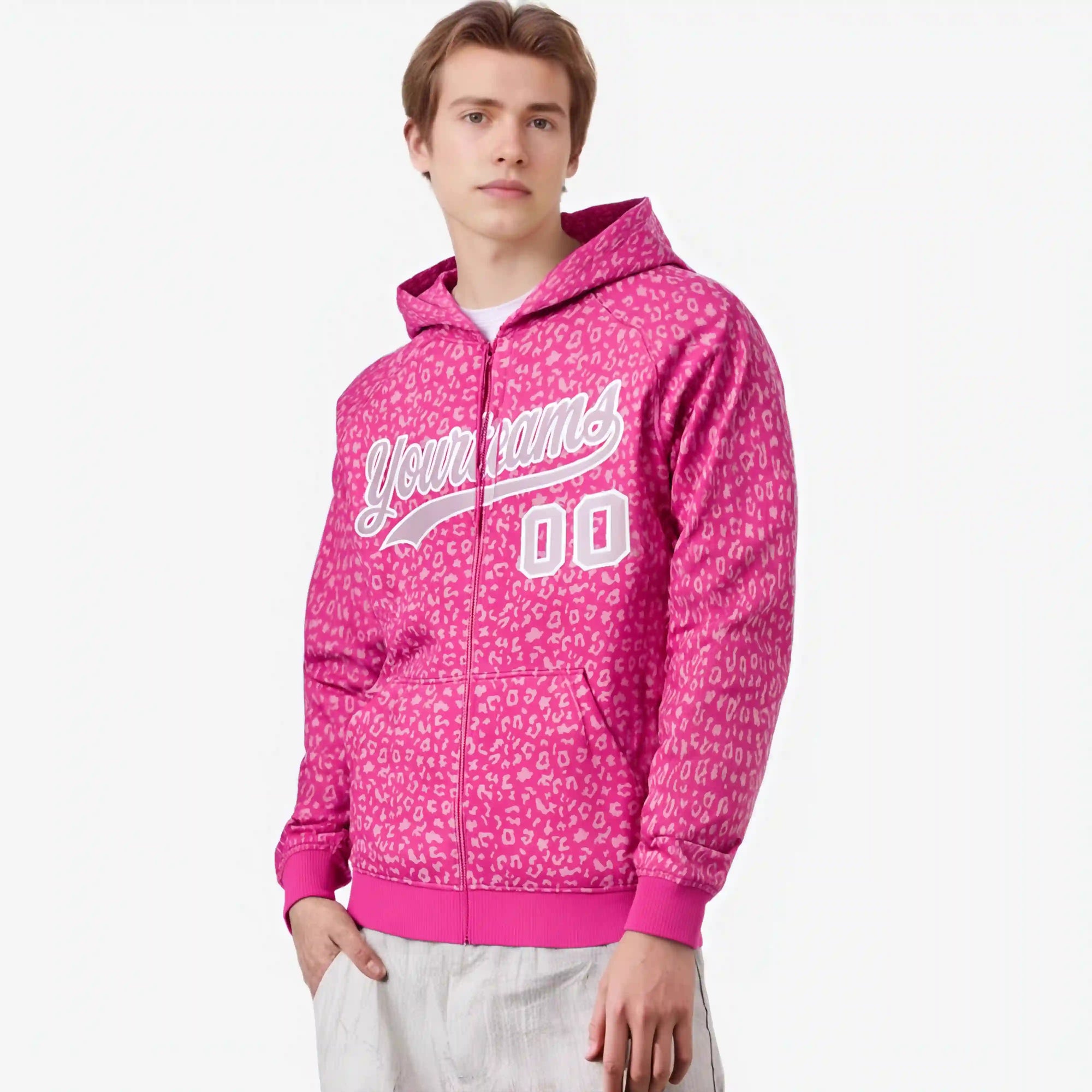 Custom Pink Light Pink Varsity Full-Zip Letterman Leopard Print Hoodie Jacket