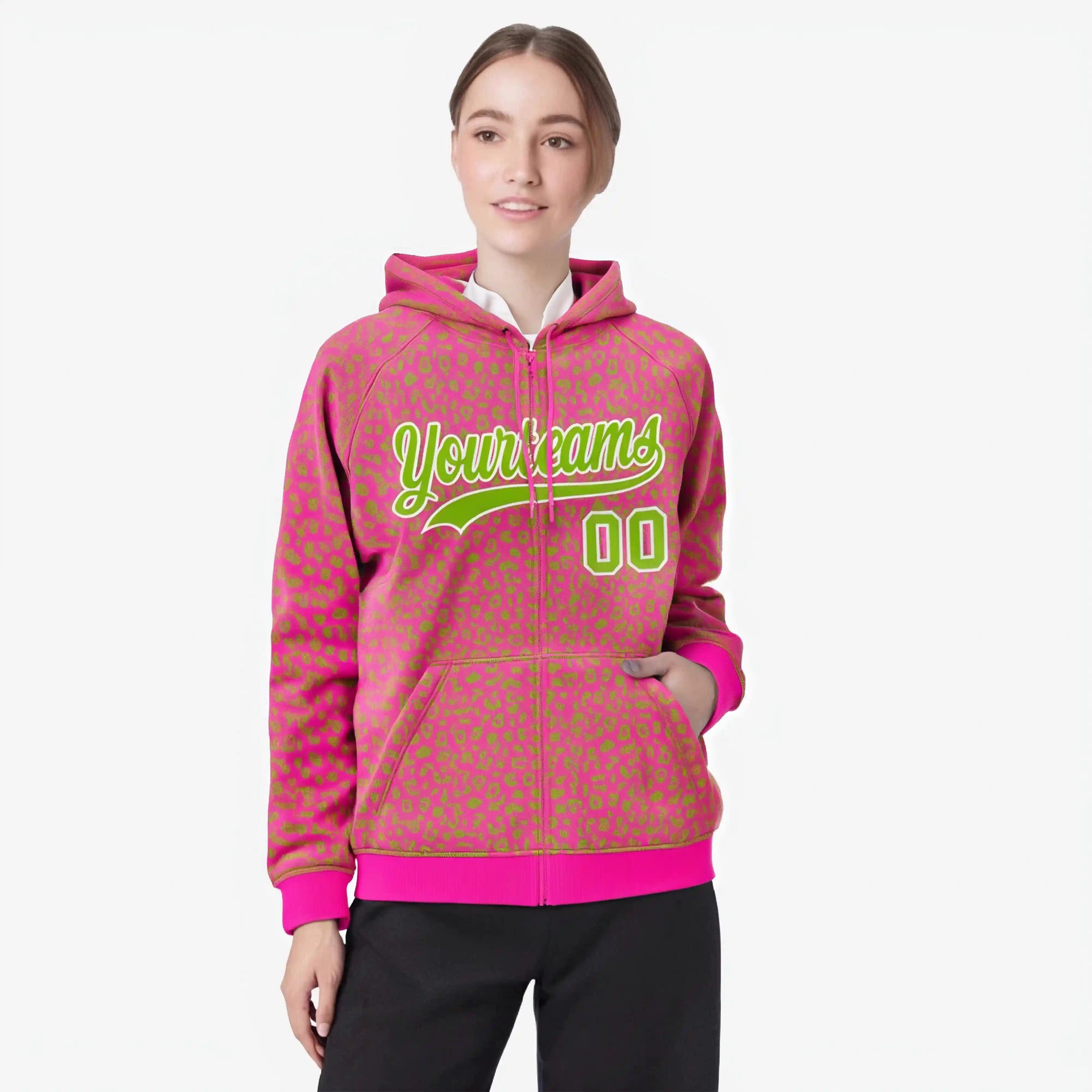 Custom Pink Neon Green Varsity Full-Zip Letterman Leopard Print Hoodie Jacket