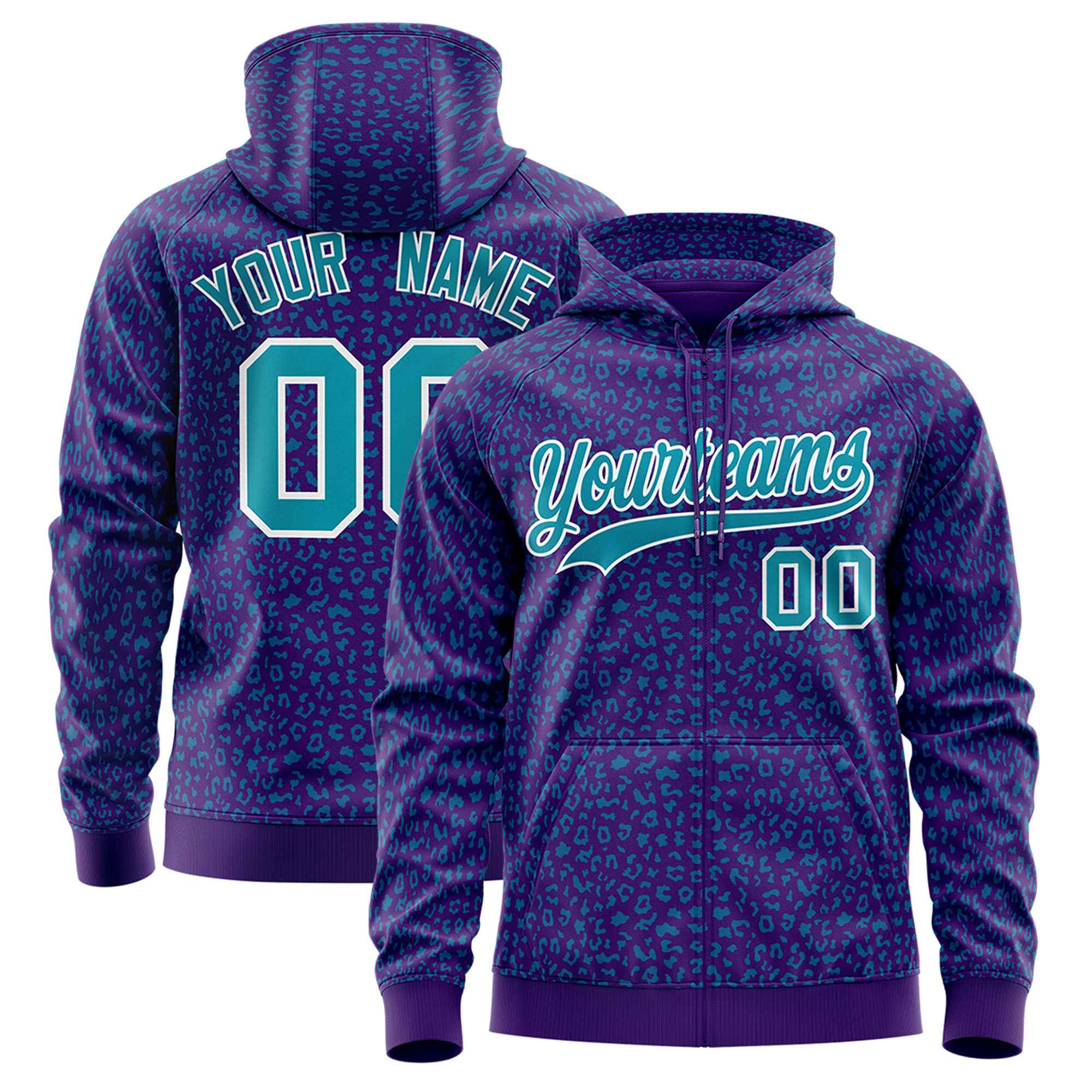 Custom Purple Aqua Varsity Full-Zip Letterman Leopard Print Hoodie Jacket