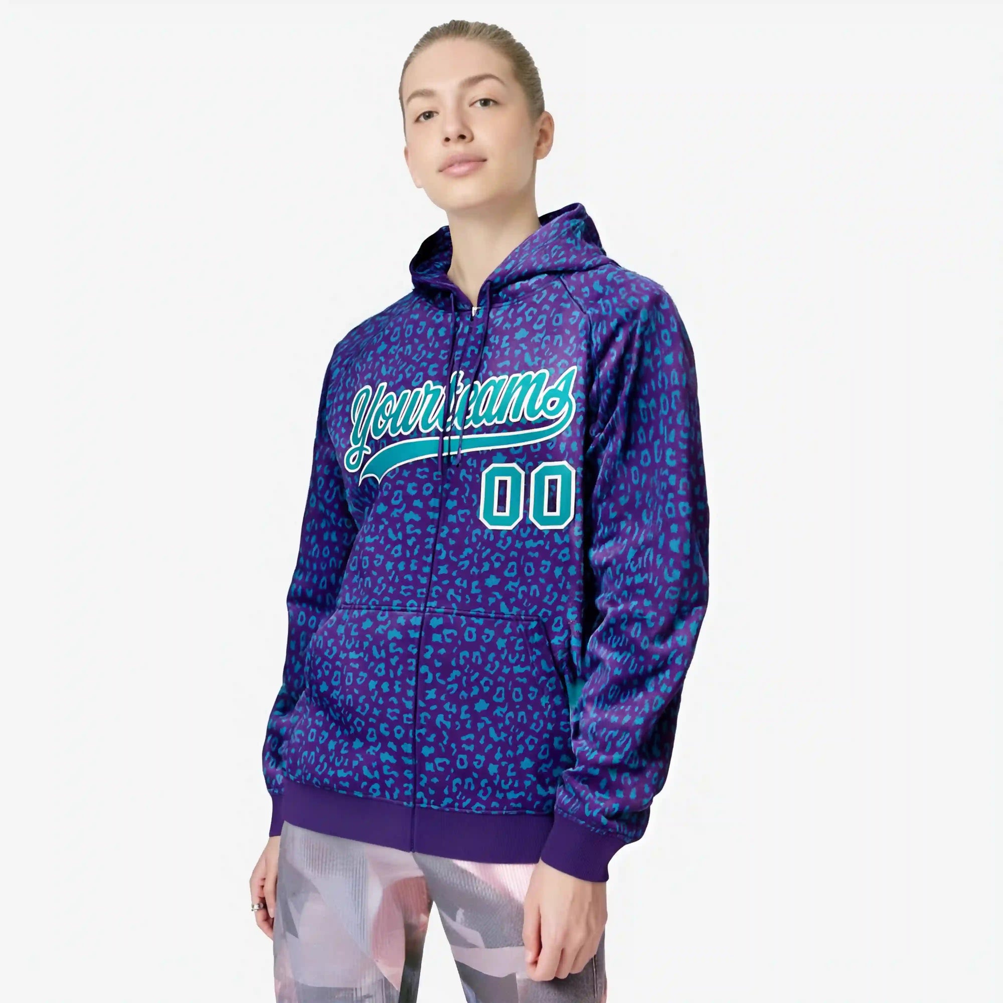 Custom Purple Aqua Varsity Full-Zip Letterman Leopard Print Hoodie Jacket