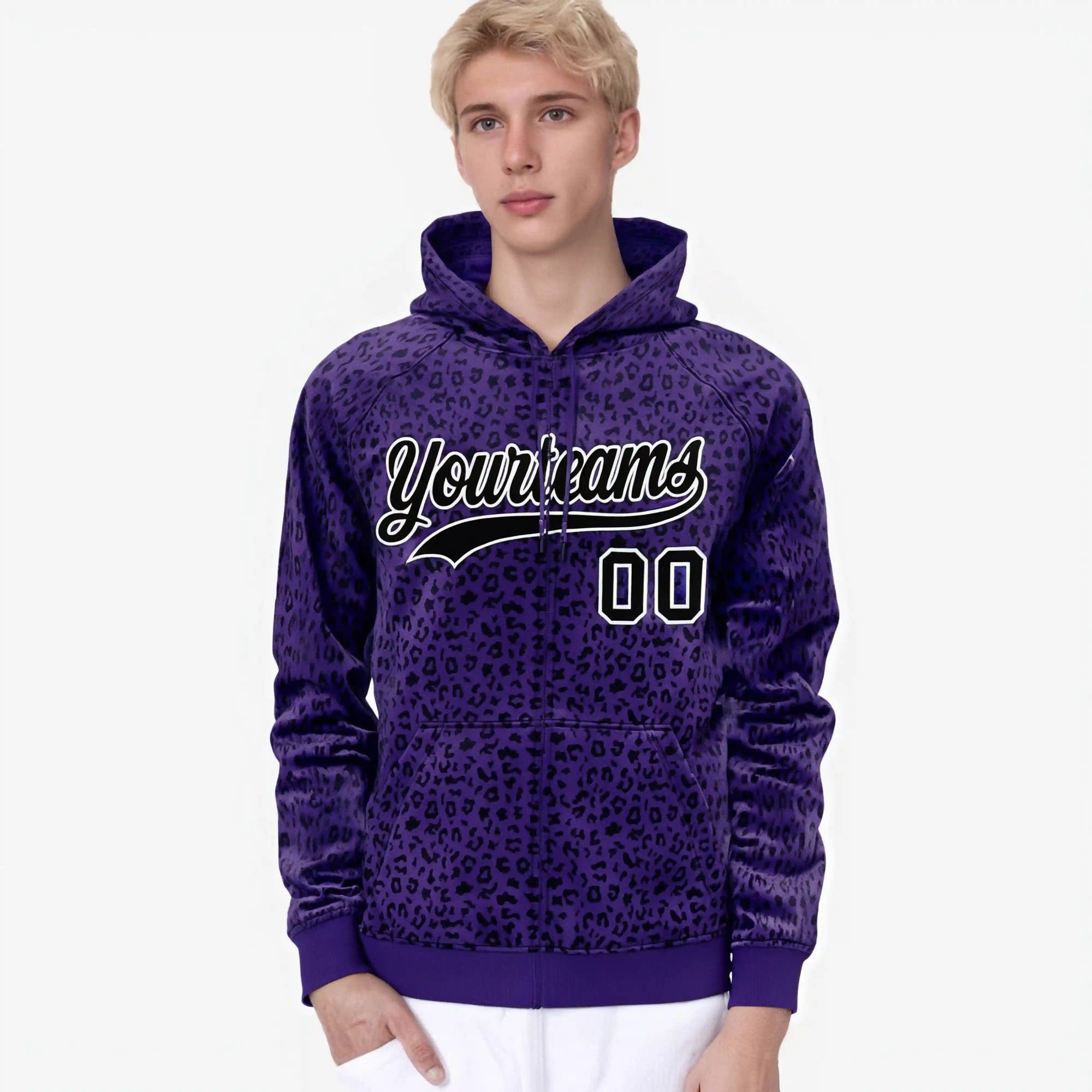 Custom Purple Black Varsity Full-Zip Letterman Leopard Print Hoodie Jacket