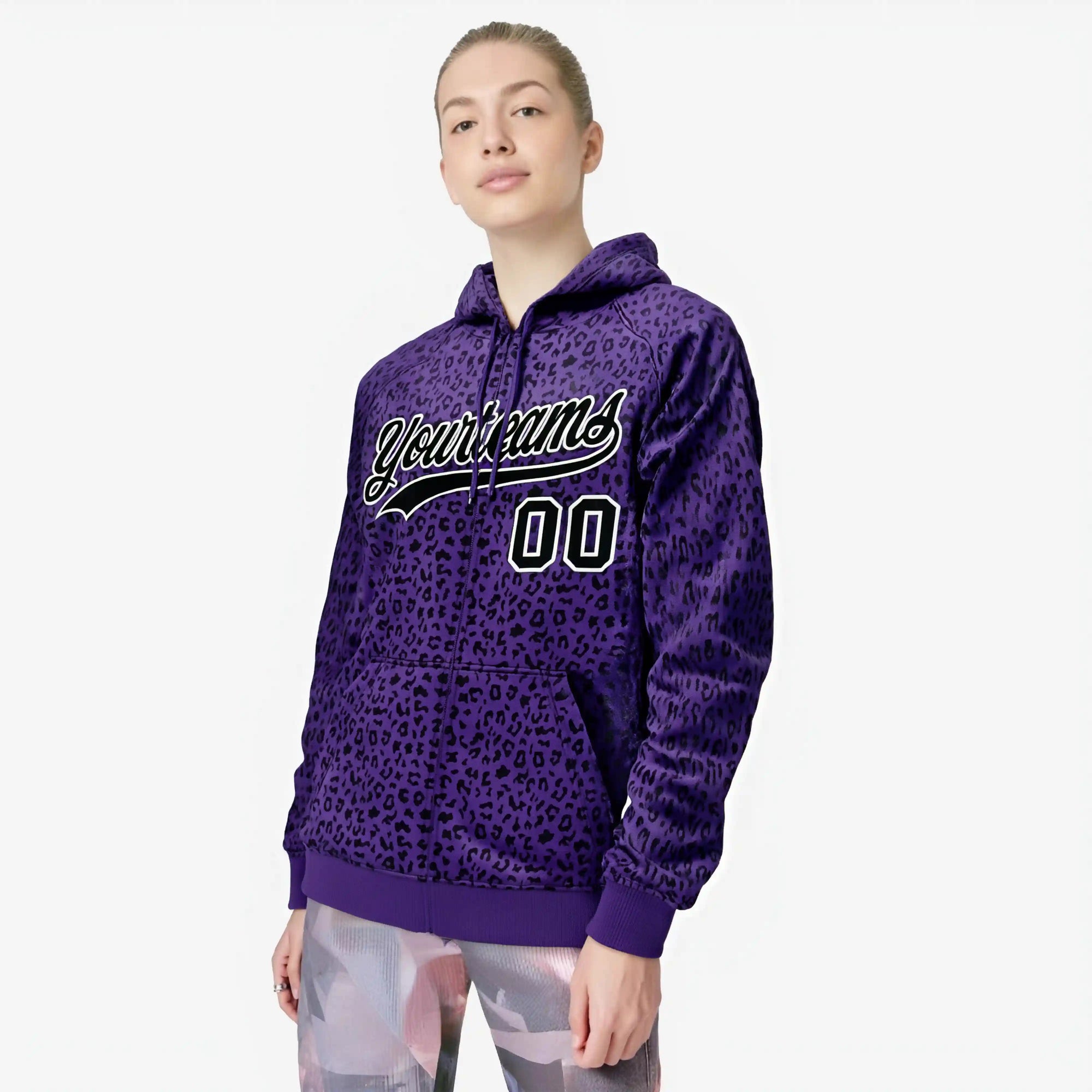 Custom Purple Black Varsity Full-Zip Letterman Leopard Print Hoodie Jacket