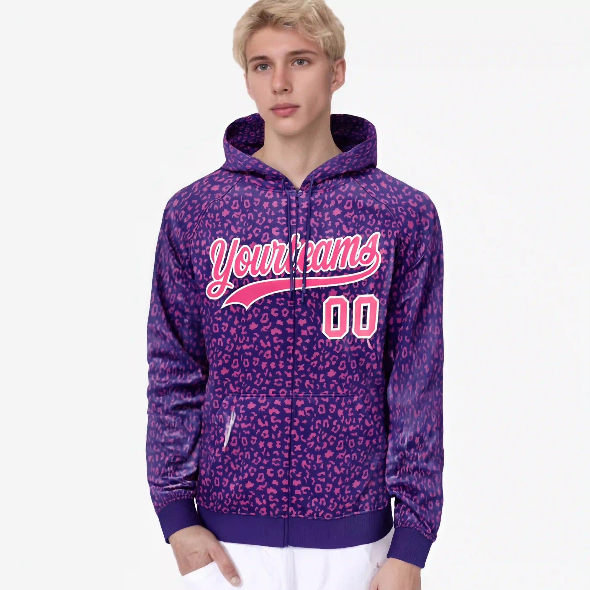 Custom Purple Pink Varsity Full-Zip Letterman Leopard Print Hoodie Jacket