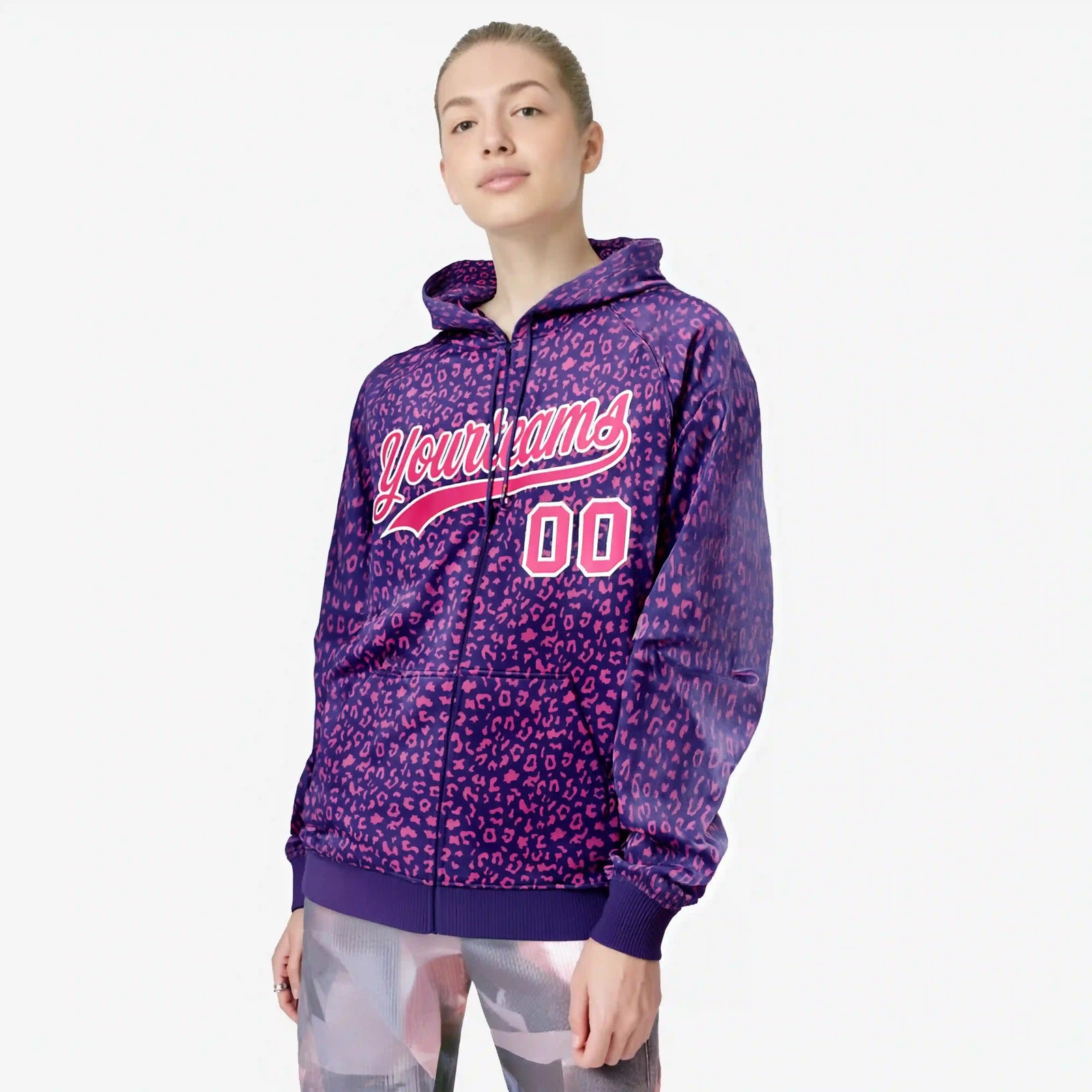 Custom Purple Pink Varsity Full-Zip Letterman Leopard Print Hoodie Jacket