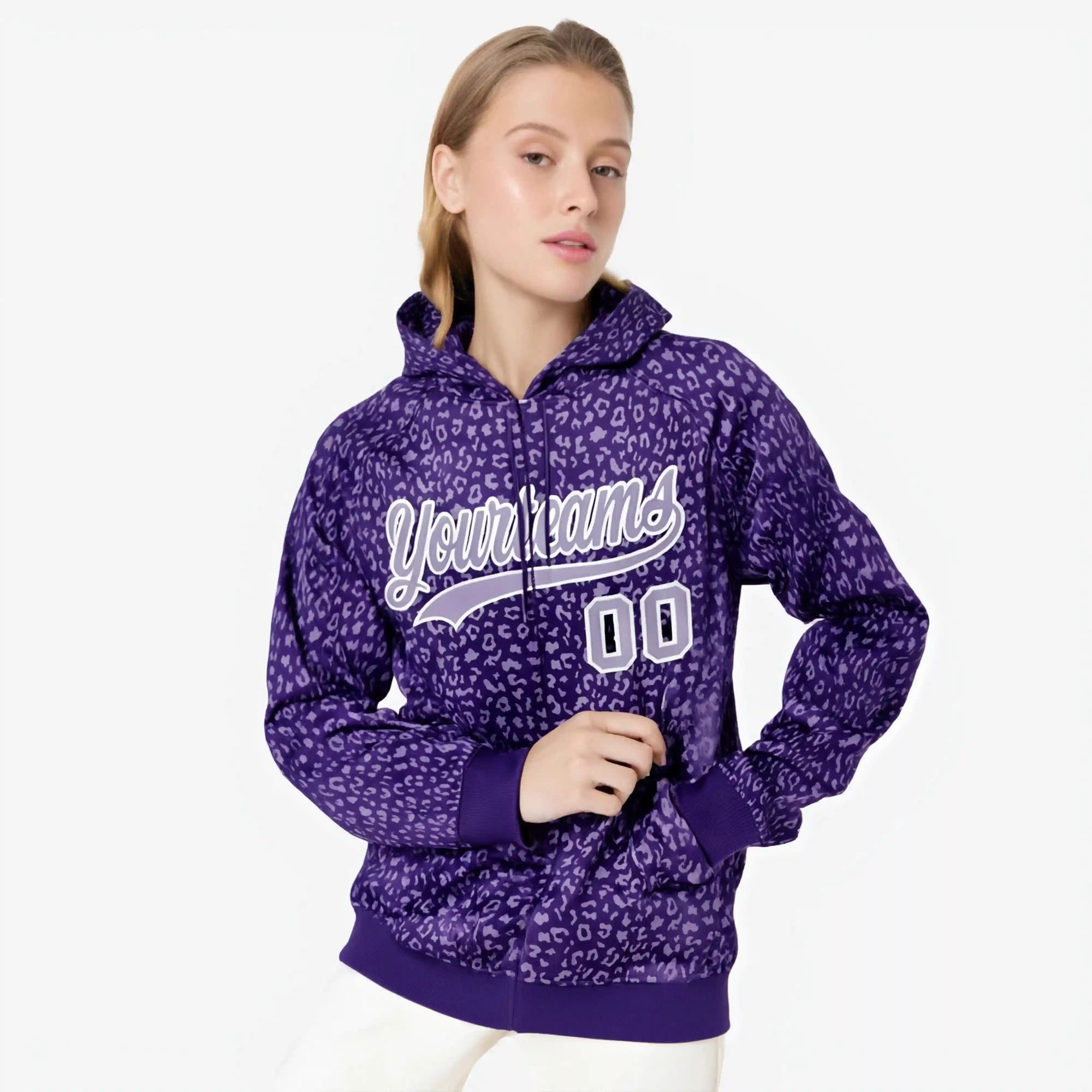 Custom Purple Light Purple Varsity Full-Zip Letterman Leopard Print Hoodie Jacket