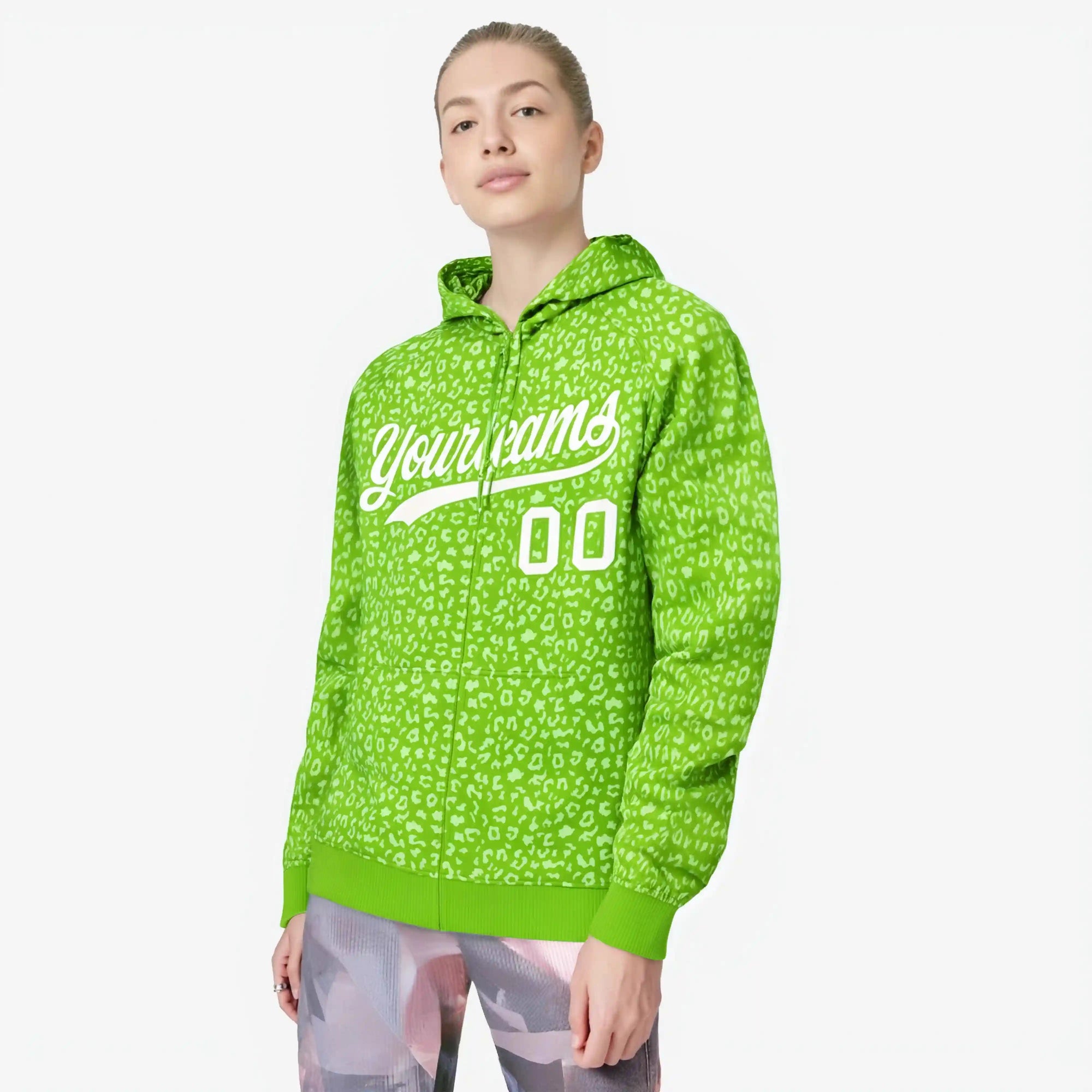 Custom Neon Green White Varsity Full-Zip Letterman Leopard Print Hoodie Jacket