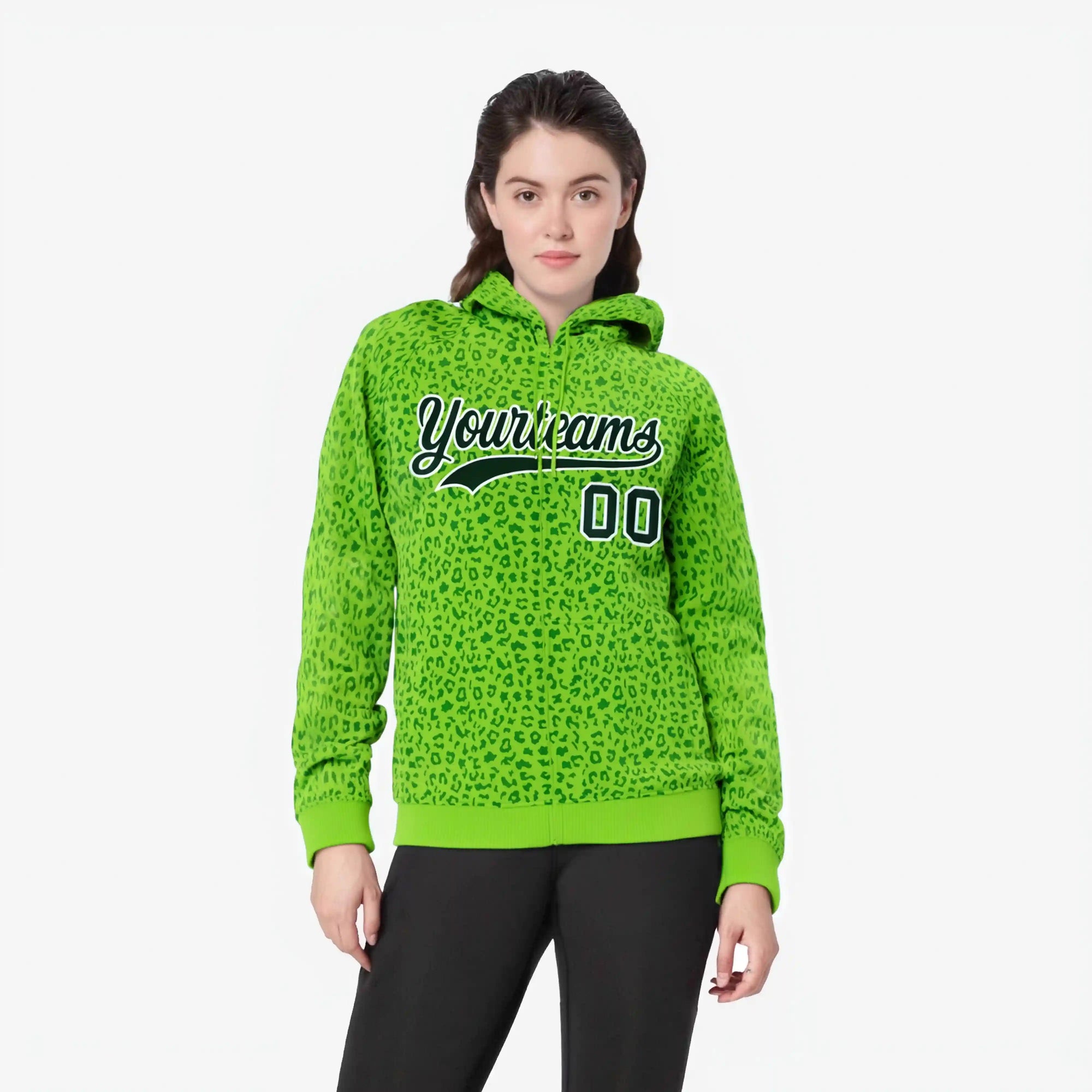 Custom Neon Green Navy Varsity Full-Zip Letterman Leopard Print Hoodie Jacket