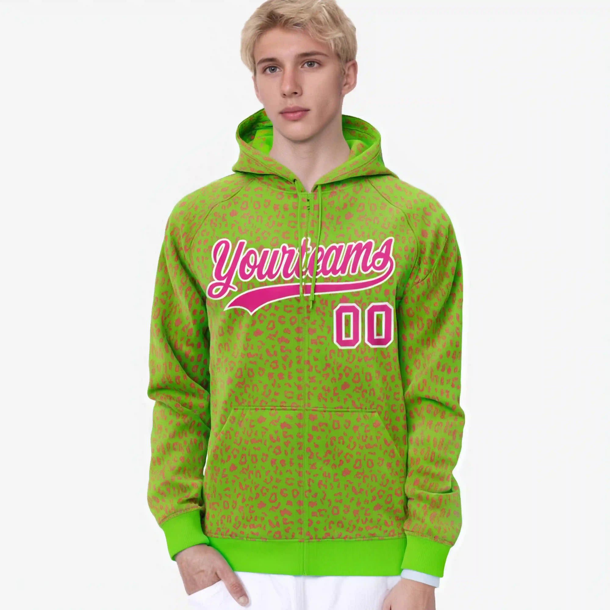 Custom Neon Green Pink Varsity Full-Zip Letterman Leopard Print Hoodie Jacket