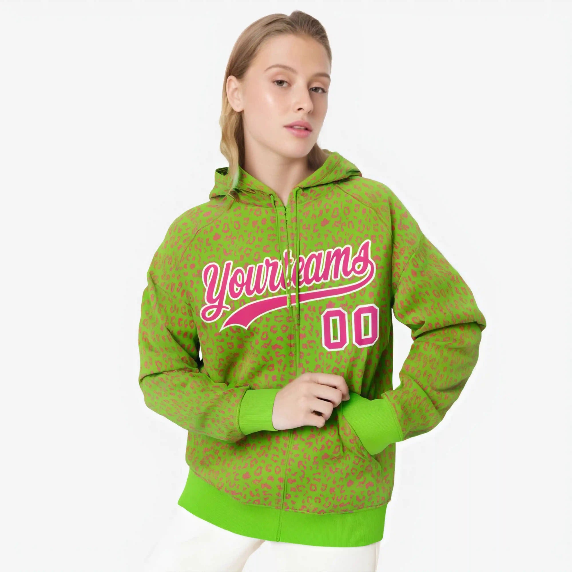 Custom Neon Green Pink Varsity Full-Zip Letterman Leopard Print Hoodie Jacket