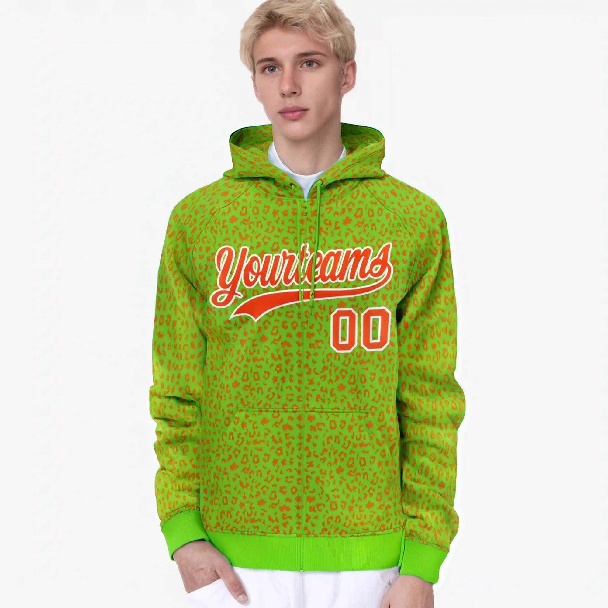 Custom Neon Green Orange Varsity Full-Zip Letterman Leopard Print Hoodie Jacket