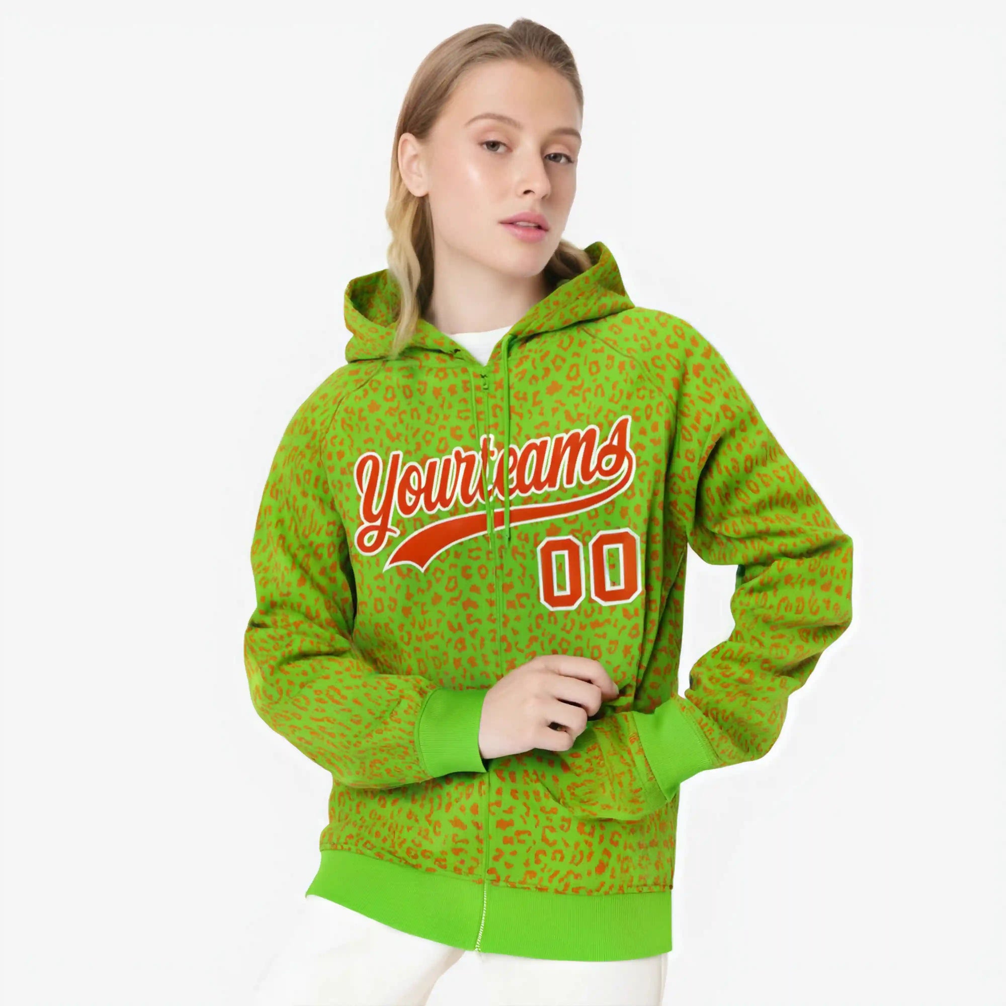 Custom Neon Green Orange Varsity Full-Zip Letterman Leopard Print Hoodie Jacket