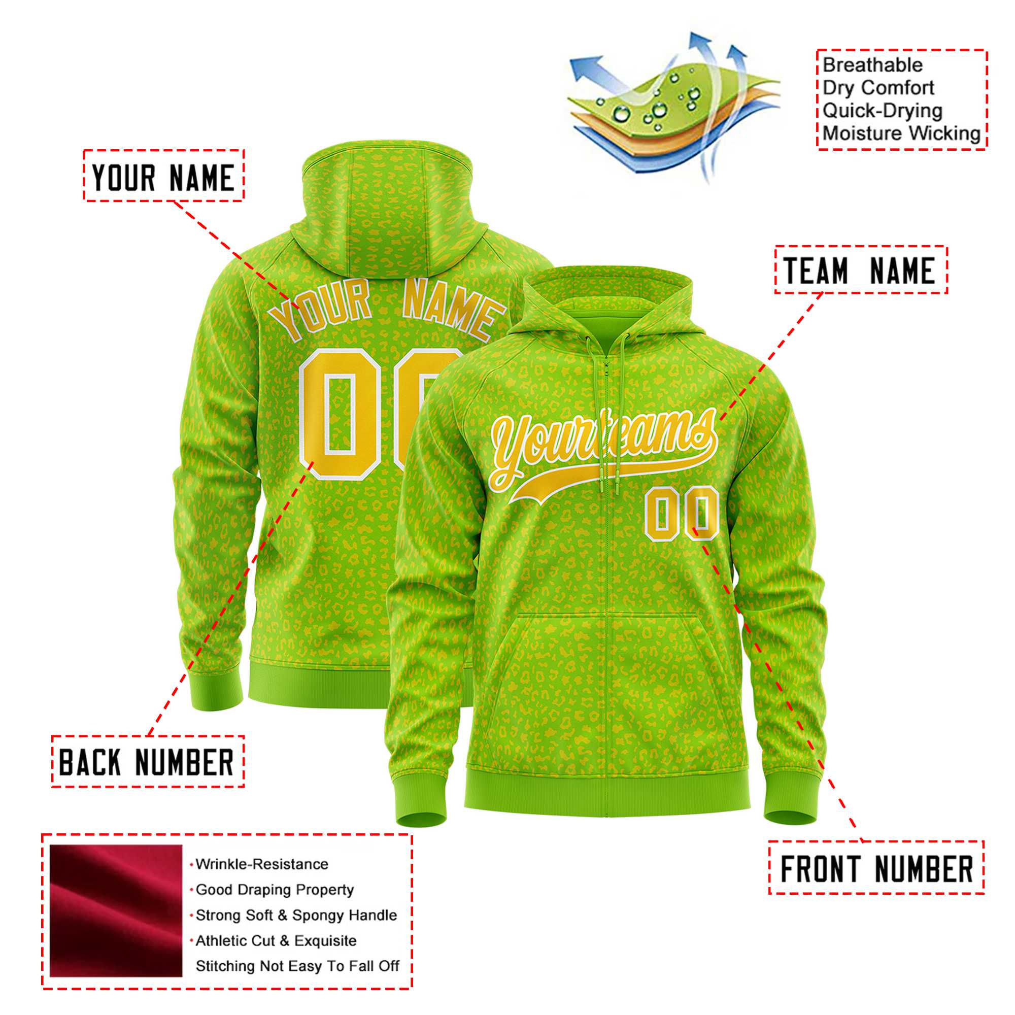 Custom Neon Green Gold Varsity Full-Zip Letterman Leopard Print Hoodie Jacket