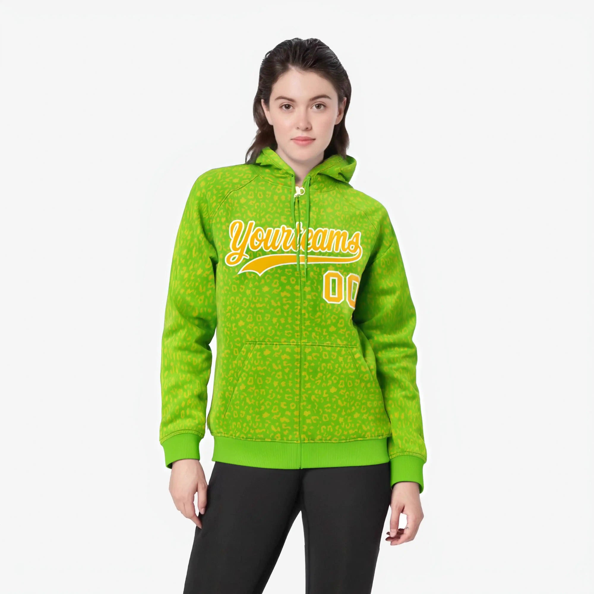 Custom Neon Green Gold Varsity Full-Zip Letterman Leopard Print Hoodie Jacket