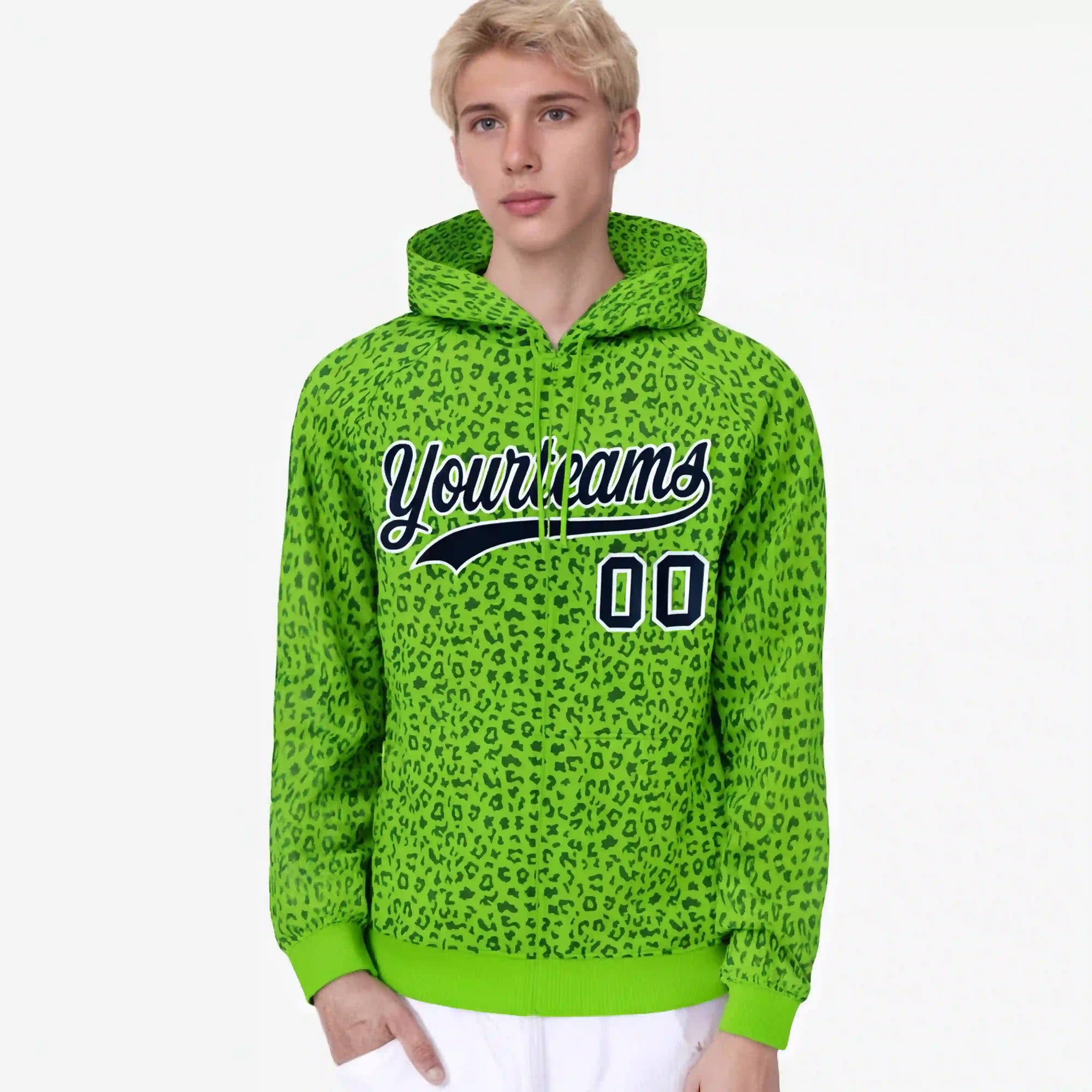 Custom Neon Green Green Varsity Full-Zip Letterman Leopard Print Hoodie Jacket