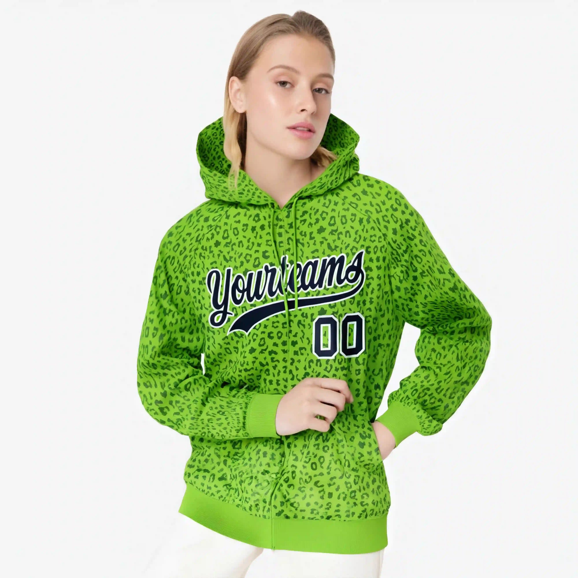 Custom Neon Green Green Varsity Full-Zip Letterman Leopard Print Hoodie Jacket