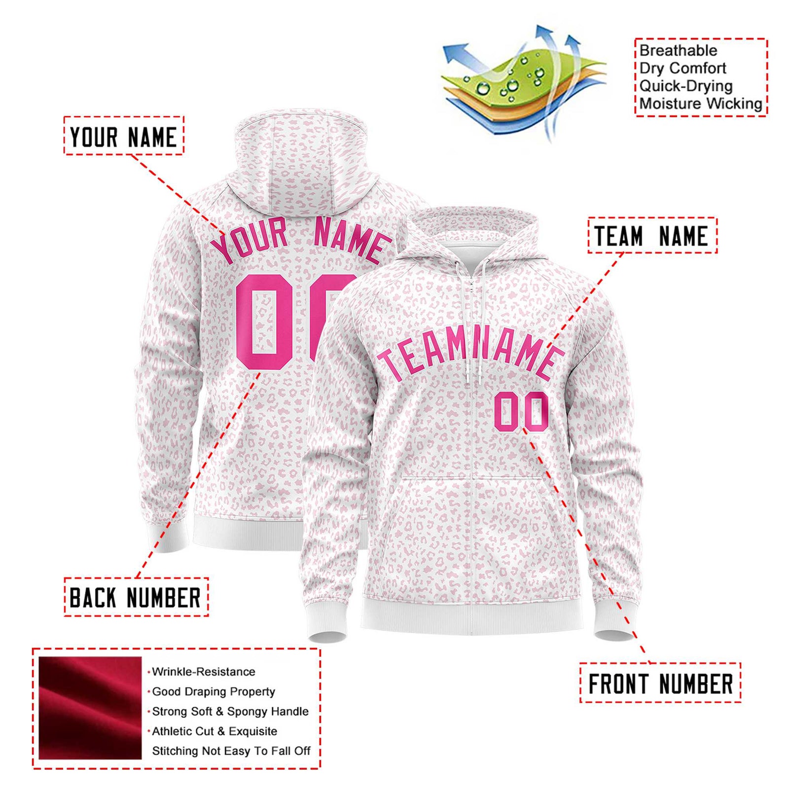 Custom White Pink Varsity Full-Zip Letterman Leopard Print Hoodie Jacket