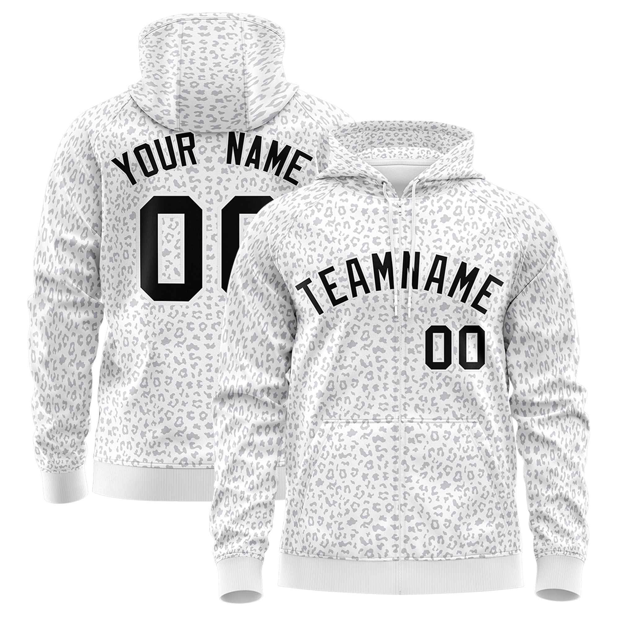 Custom White Gray Varsity Full-Zip Letterman Leopard Print Hoodie Jacket