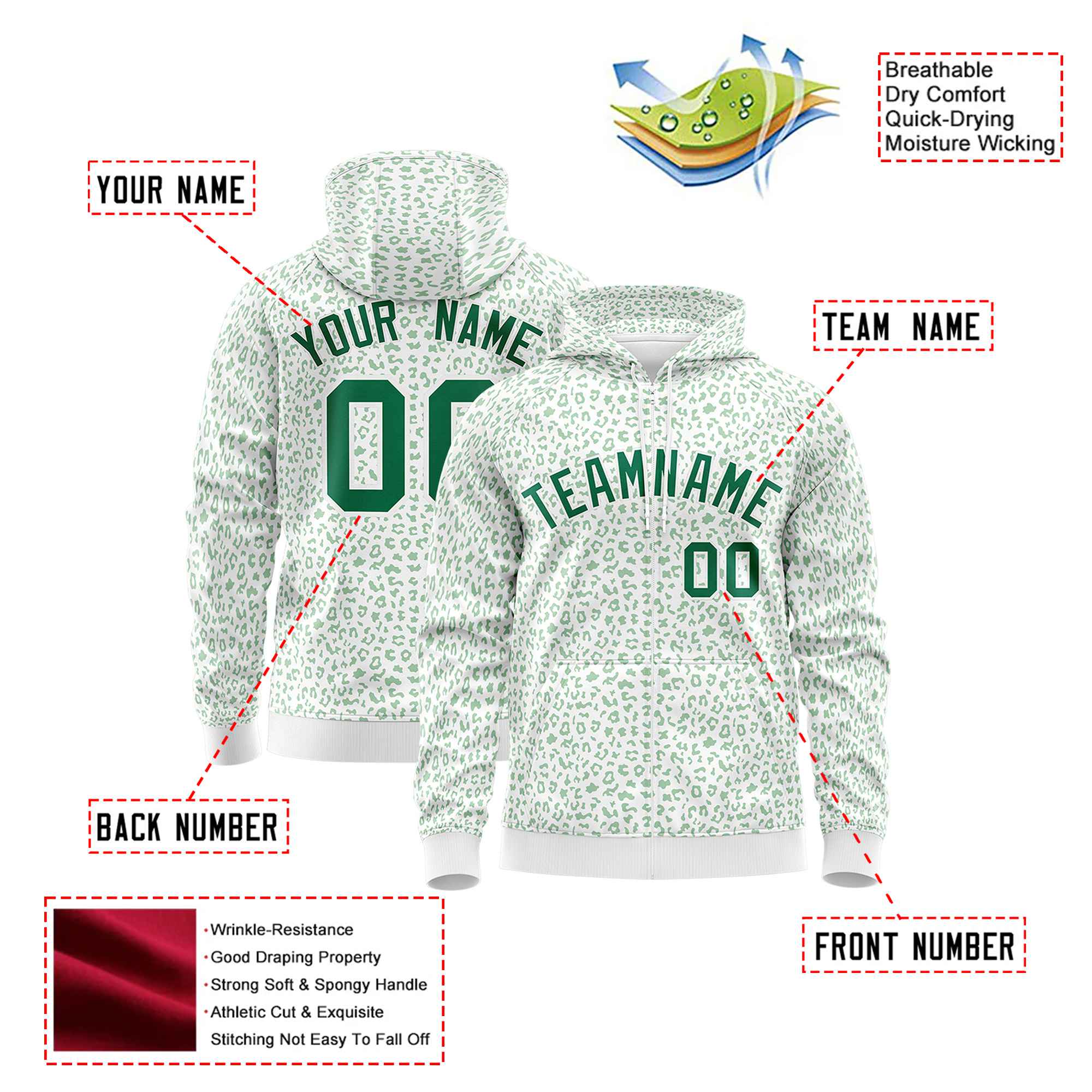 Custom White Kelly Green Varsity Full-Zip Letterman Leopard Print Hoodie Jacket