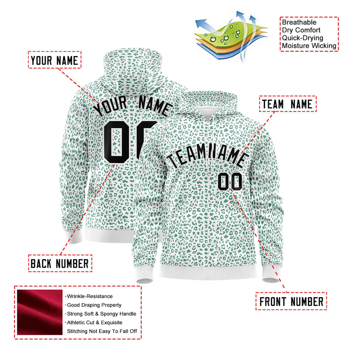 Custom White Green Varsity Full-Zip Letterman Leopard Print Hoodie Jacket