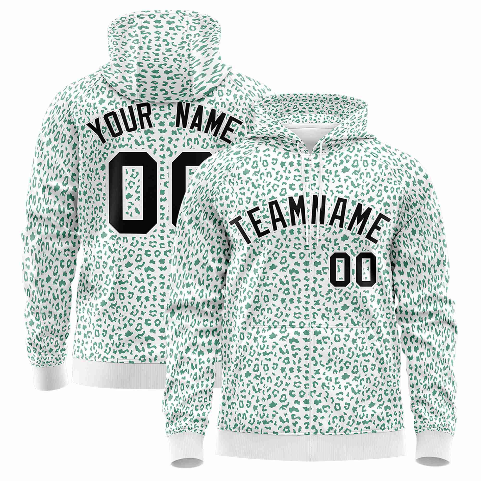 Custom White Green Varsity Full-Zip Letterman Leopard Print Hoodie Jacket