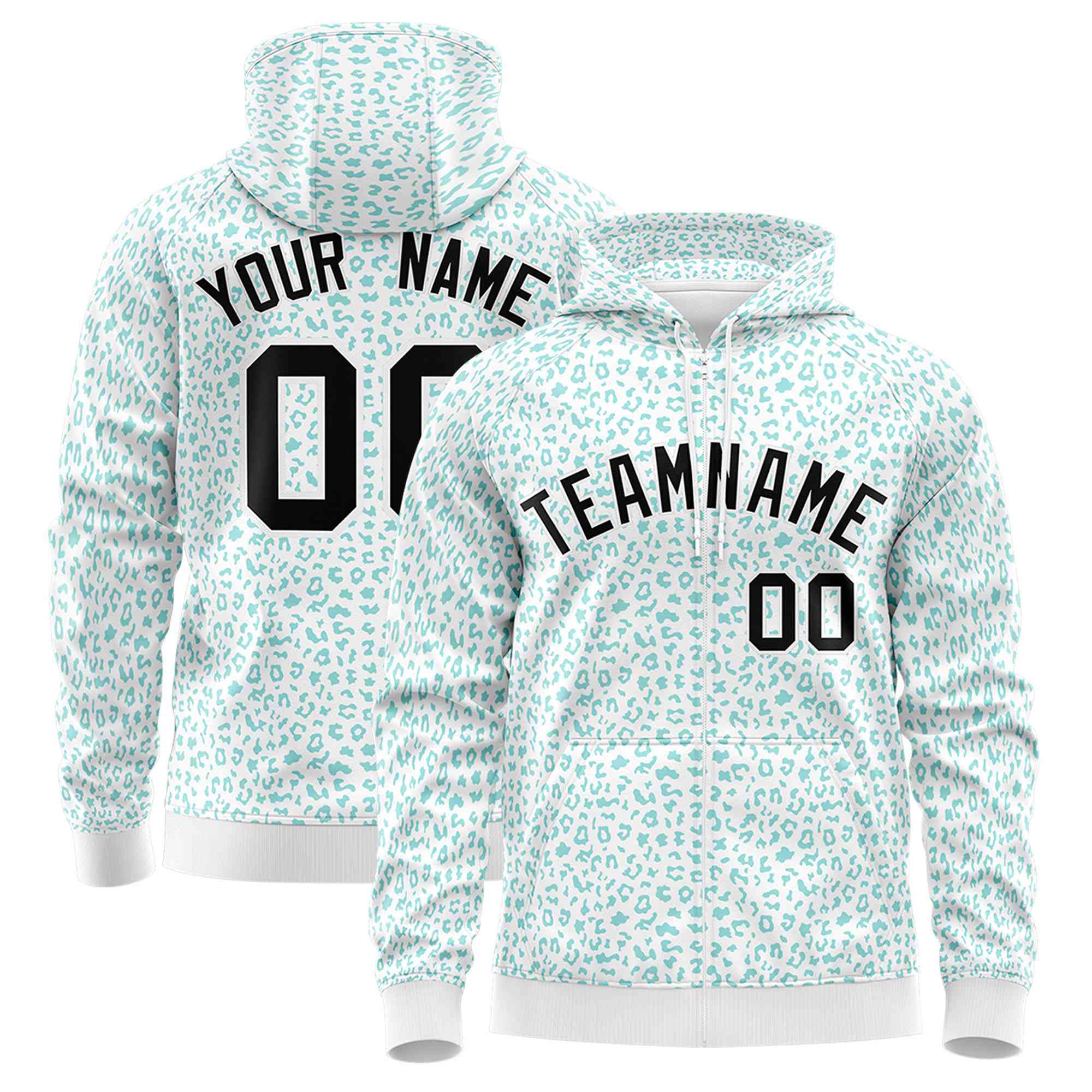 Custom White Aqua Varsity Full-Zip Letterman Leopard Print Hoodie Jacket